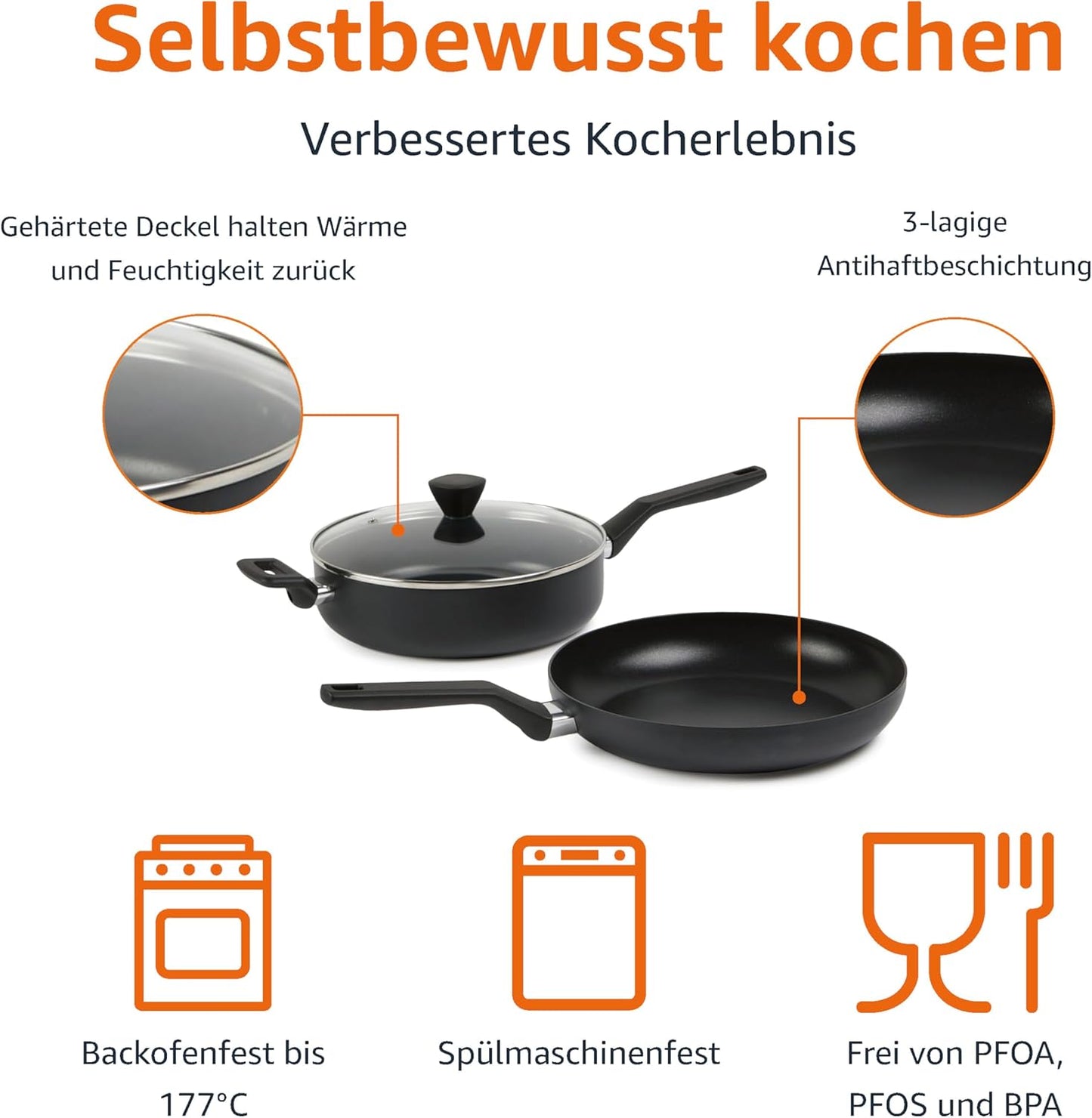 Amazon Basics 10-teilig Harteloxiertes, antihaftbeschichtetes, stapelbares Kochgeschirr-Set mit Töpfen und Pfannen platzsparend, PFOA-frei, Schwarz