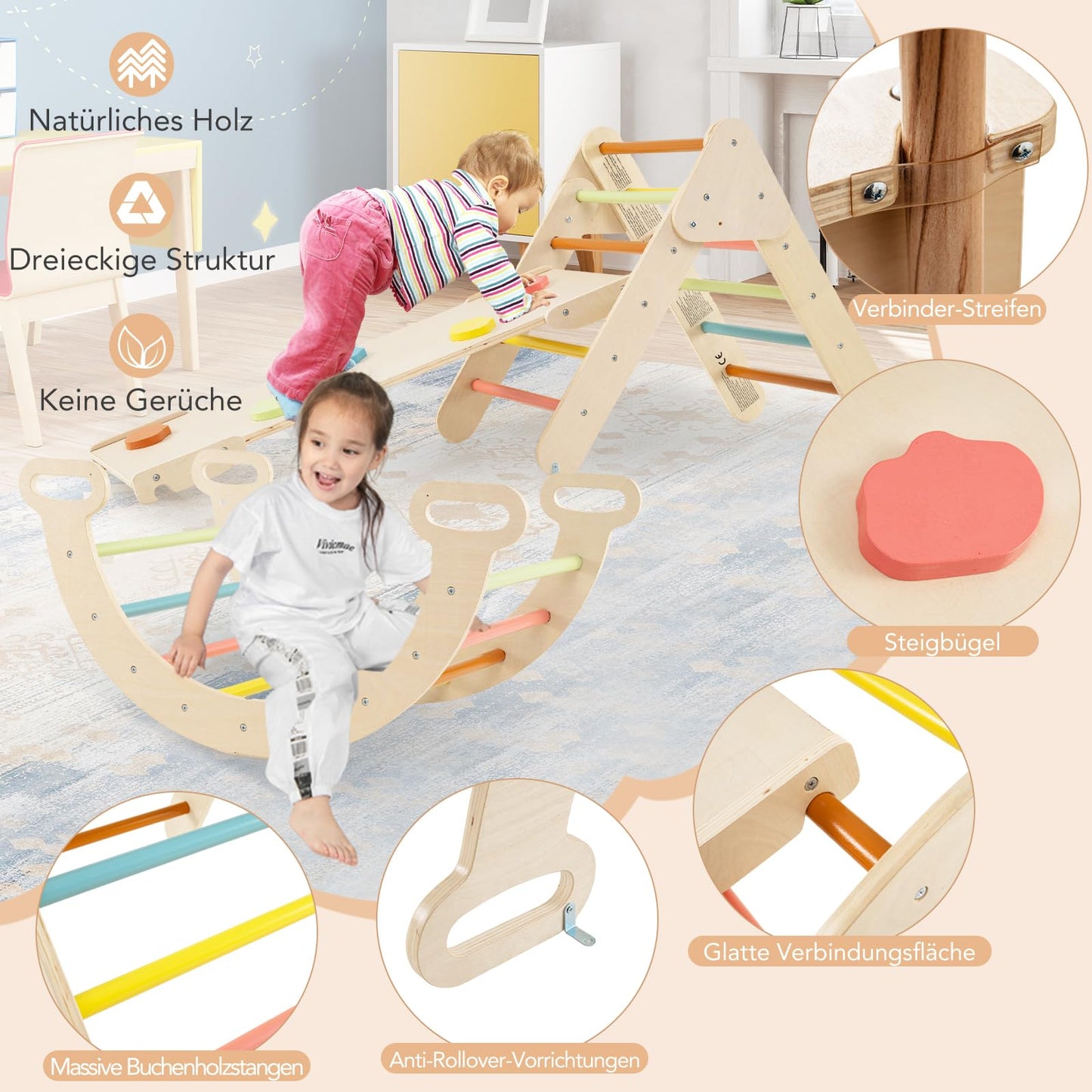COSTWAY Kletterdreieck mit Rutsche, Kletterbogen, inkl. doppelseitige Rampe, zum Klettern, Rutschen und Wippen, 4 in 1 Klettergerüst Indoor ab 1 Jahr (Macaron bunt)