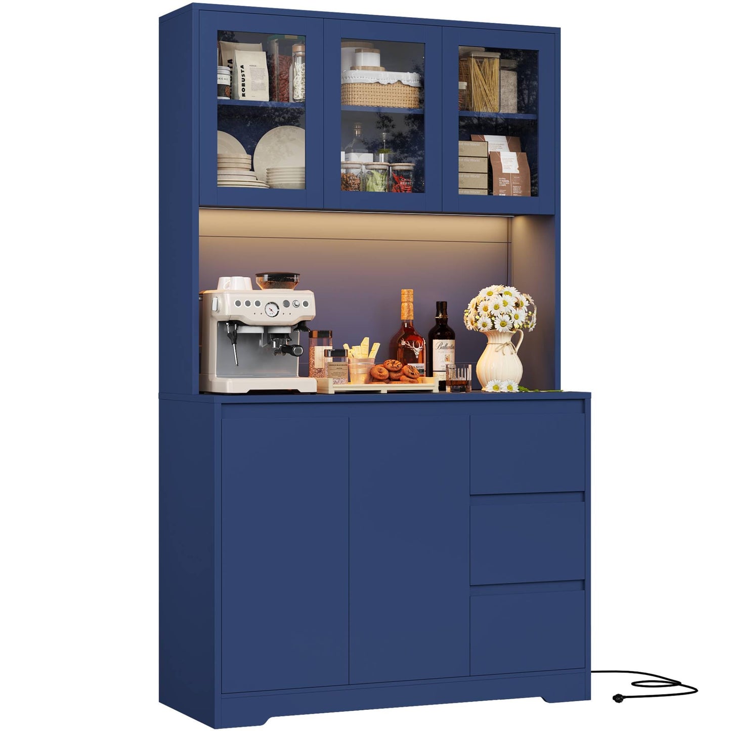 FirFurd Kitchen Cabinet Buffet Cabinet with LED Sideboard for Kitchen with Power Strip Kitchen Cabinet with Worktop and 3 Drawers Kitchen Buffet with Adjustable Shelf 180 x 100 x 38.5 cm (Black)