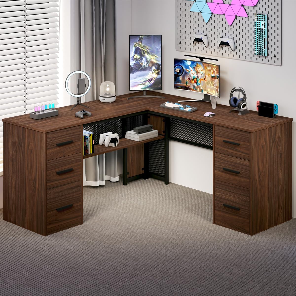 HSH - Black L Shape Corner Desk with Filing Drawers and Shelves, Reversible Corner Desk Made of Metal and Wood with Storage Cabinets