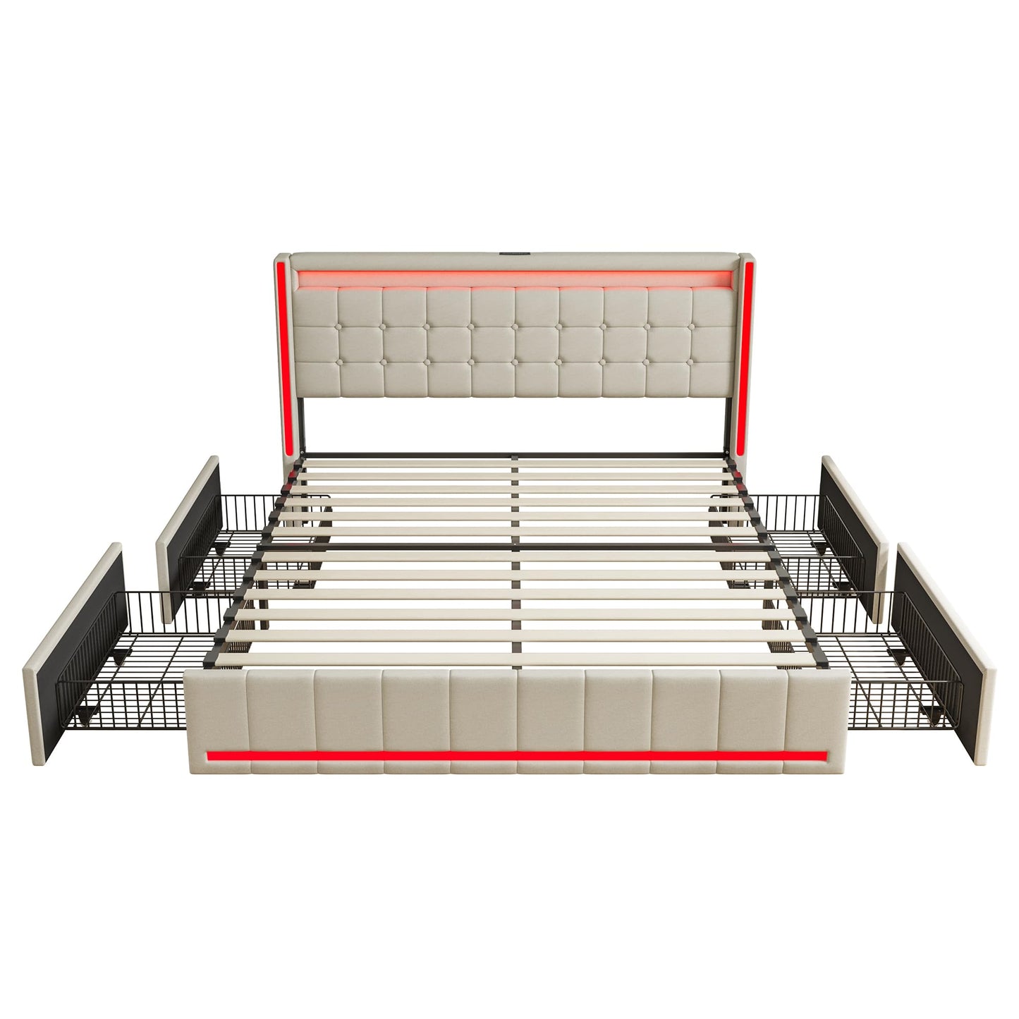 KeepGoon Doppelbett 140 x 200 cm,Polsterbett mit LED-Leuchten, 4 Eisenschubladen und einem USB Ladeanschluss,Stauraumbetten Bettgestell,Leinenstoff (Beige)