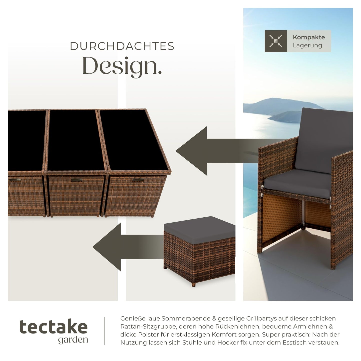 tectake Polyrattan Gartenmöbel Set, Sitzgruppe mit 6 Stühle +1 Glasplatte Tisch + 4 Hocker, Gartenlounge Set klappbar, für bis zu 10 Personen, Balkon Möbel, inkl. 2 Bezugsset - Natur