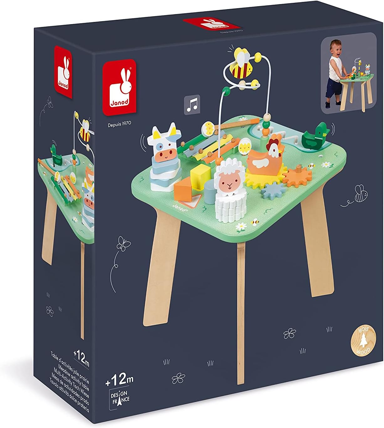 Janod - Jolie Prairie Activity Table - Wooden Play Table with 7 Activities - Multi-Activity Wooden Table with Animal Motifs - Motor Skills Development and Early Musical Education - From 12 Months,