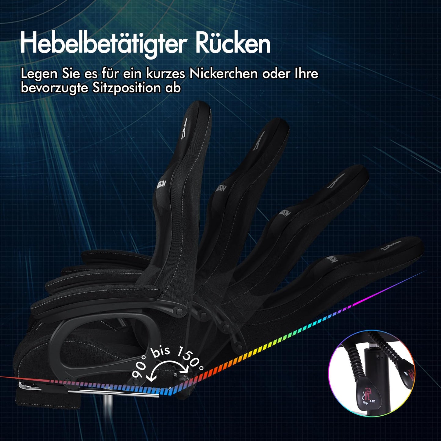 ALFORDSON Gaming Stuhl mit 8-Punkt Massage 12 Farben RGB LED-Licht, Bürostuhl Ergonomisch mit fußstützen, Kopfstütze Lendenkissen für Kinder Erwachsene, Schwarz