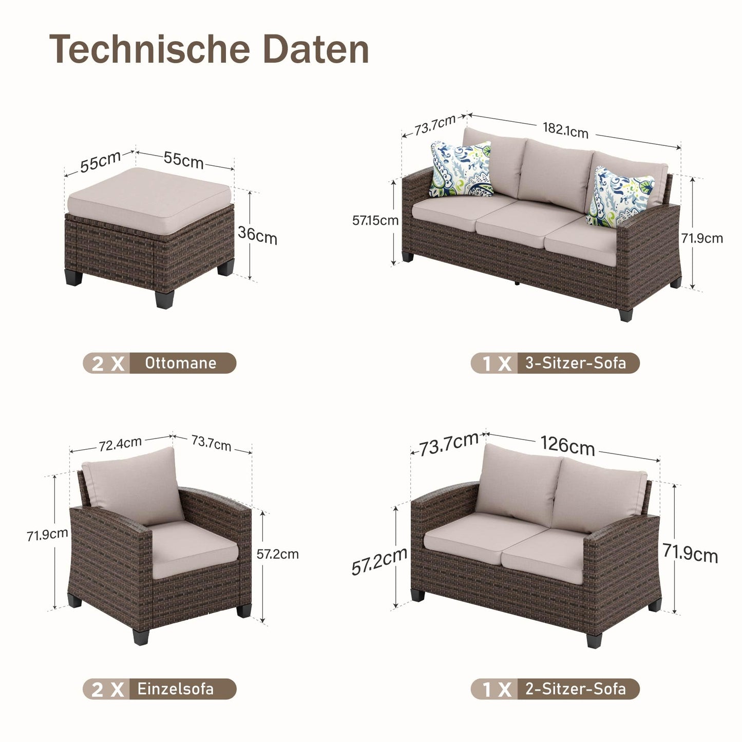 PHI VILLA Garden Furniture Set, Balcony Furniture, 5 Pieces, Rattan Lounge Furniture, Outdoor Garden Lounge Set, 7-Seater, Patio Furniture, Modular Furniture with Reinforced Cushions, Beige