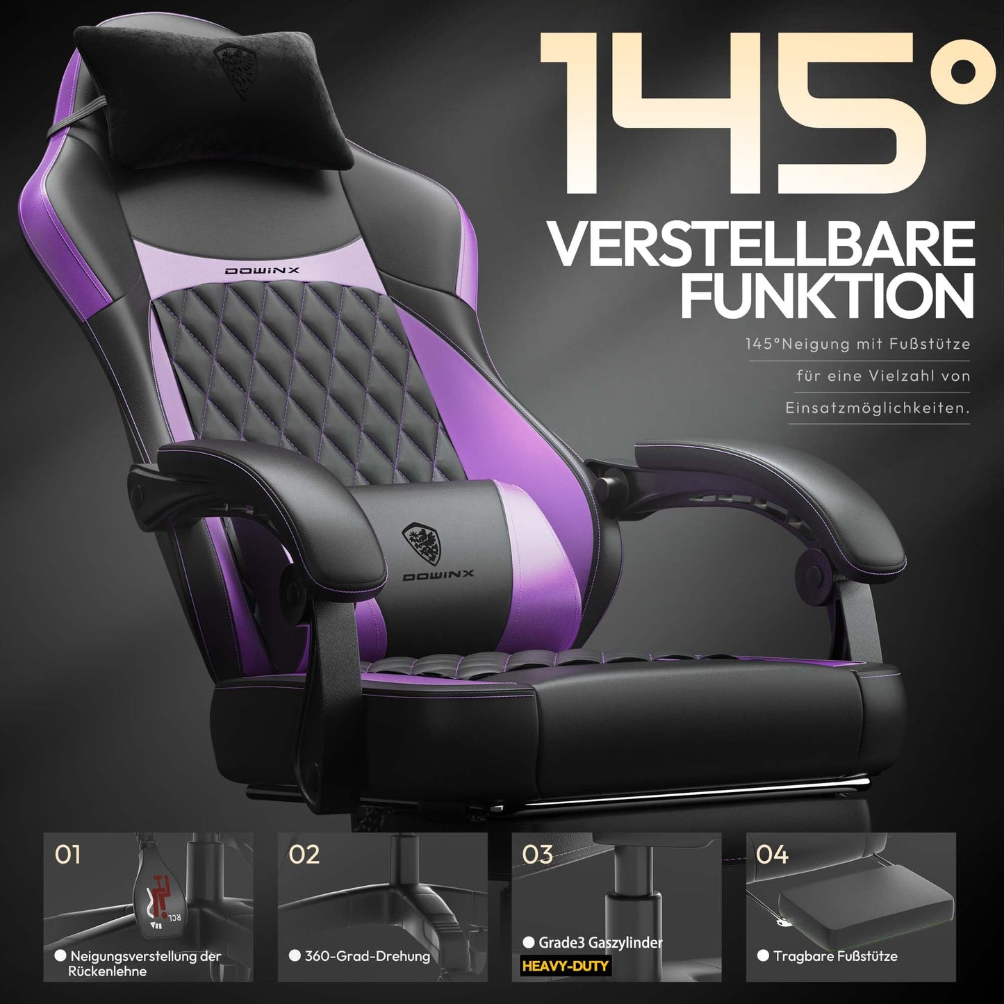 Dowinx Gaming Chair, Racing Gamer Chair, Ergonomic Gaming Chair with Lumbar Support, Gaming Chair, PU Leather, 150 kg, Black Purple