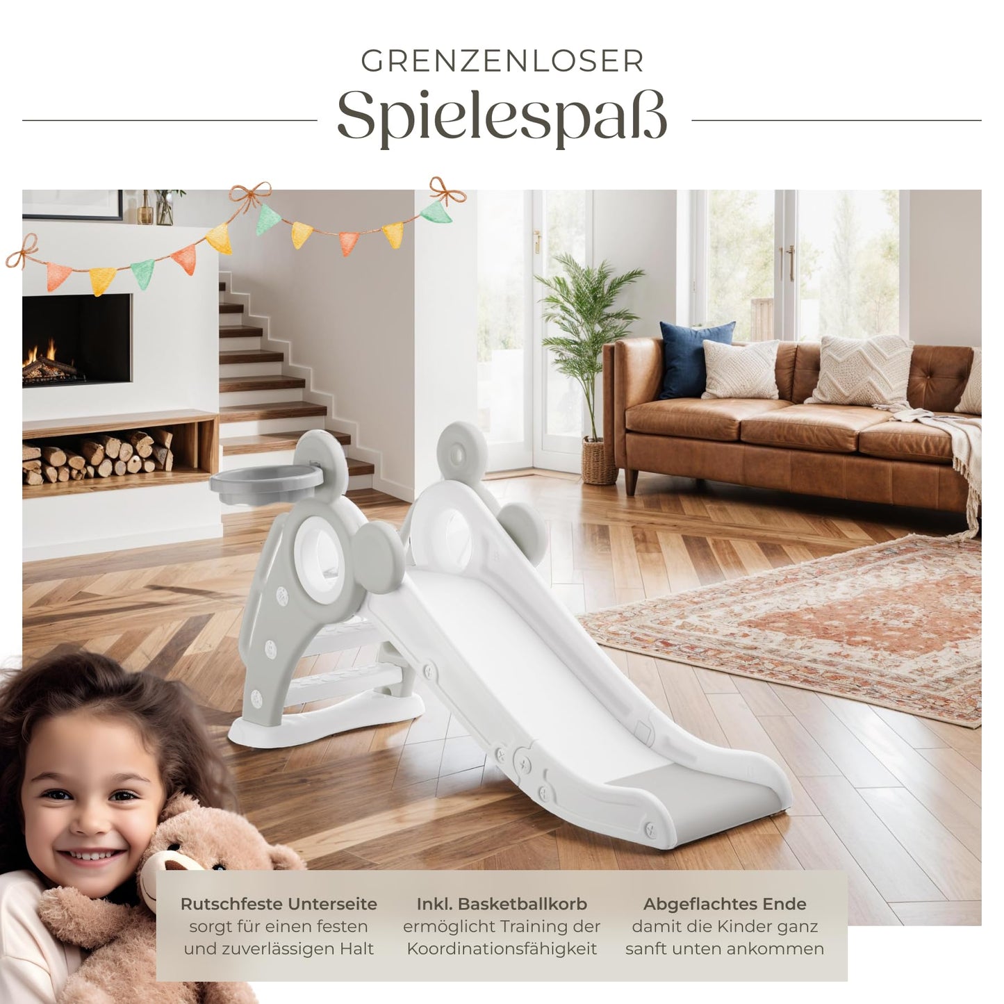 tectake® Rutsche mit Basketballkorb, Kinderrutsche, Baby Rutsche klappbar, für Kinder ab 2 Jahre, Spielgeräte zum Klettern und Bewegung Kinder Indoor und Outdoor Spielzeug, Indoor Spielplatz - pink