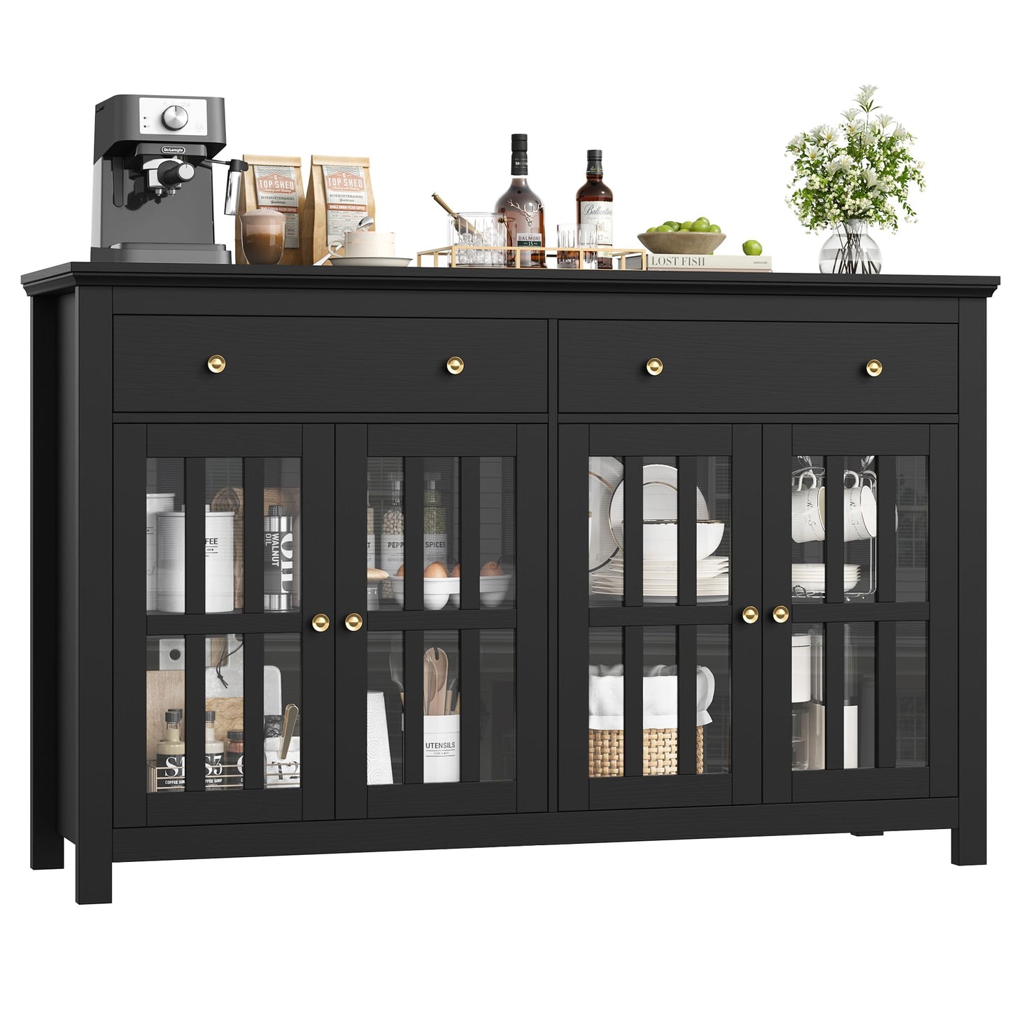 FirFurd Sideboard 140 cm Wide Kitchen Cabinet with Worktop Sideboard Living Room Kitchen Buffet Cabinet with 2 Drawers 4 Glass Doors Kitchen Buffet with Adjustable Shelves 140 x 40 x 91 cm Black