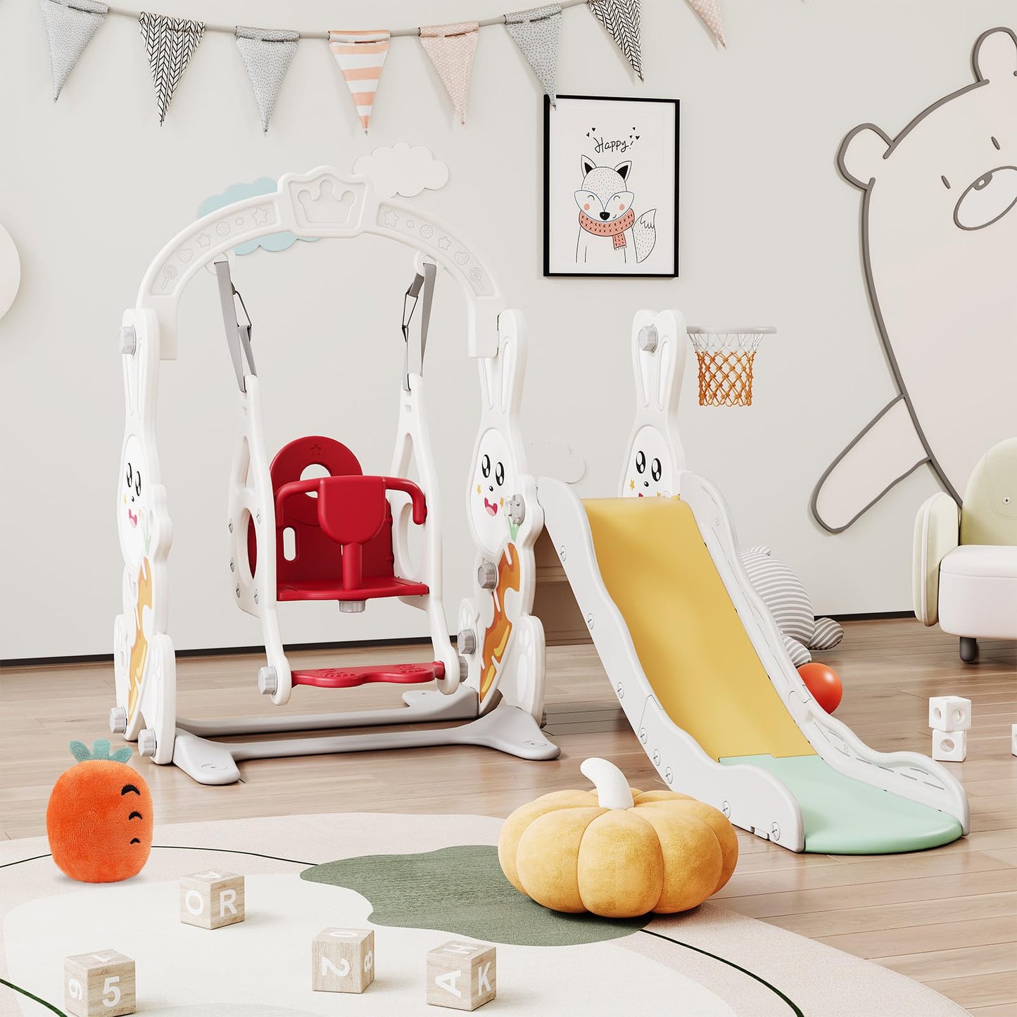Kinderrutsche, Babyschaukel, 4 in 1, mit Schaukeln, Treppen, Gleiten, Basketballgestellen, Spielplatz für drinnen und draußen, multifunktionale Rutsche (Rosa, Kaninchen)