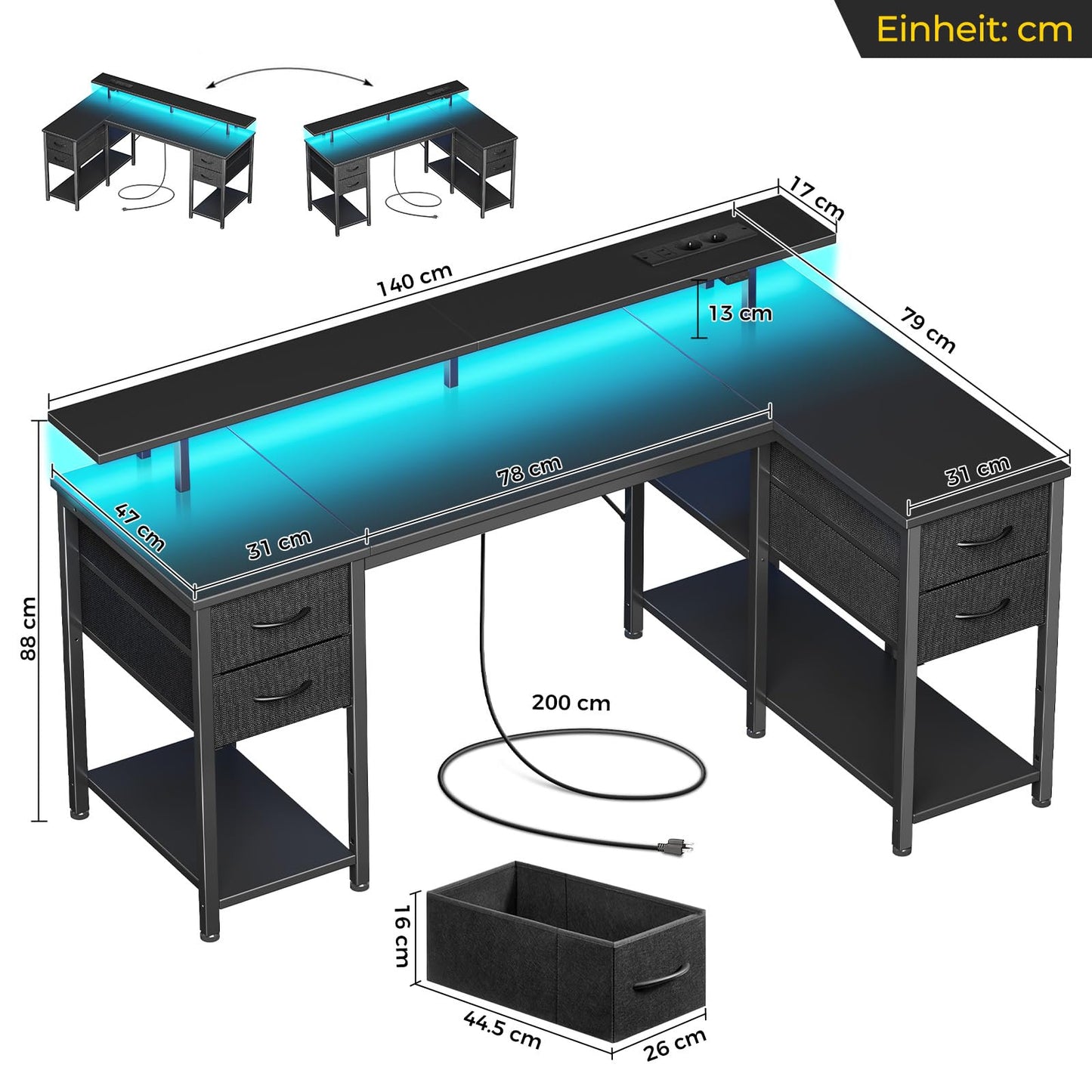 Seventable Computertisch L Form mit 4 Schubladen & Ablageflächen, Gaming Tisch mit LED & Steckdosen, Gaming Schreibtisch mit Monitorständer für Homeoffice, Schlafzimmer, Wohnzimmer (Weiß, 140 cm)