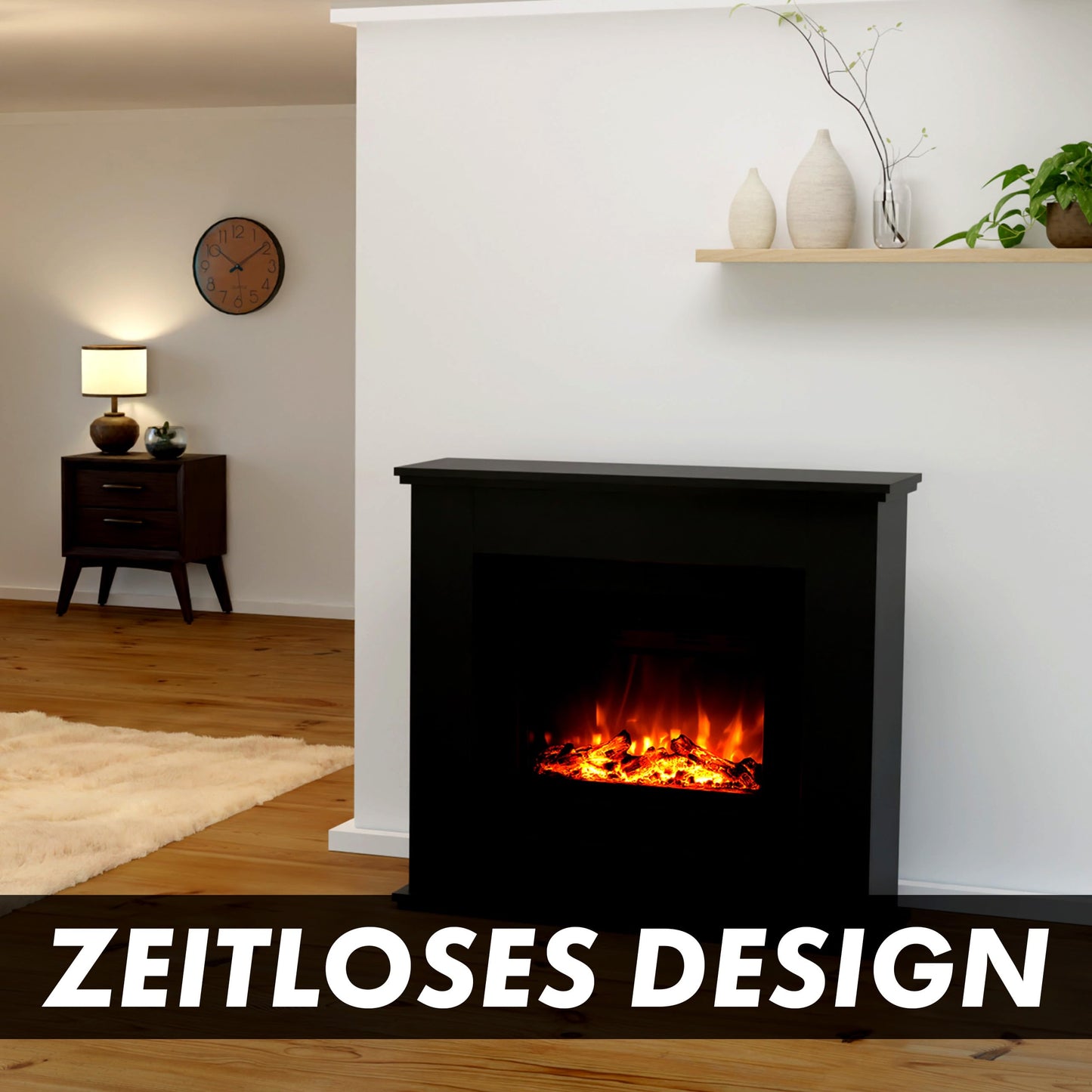 GLOW FIRE Elektrokamin mit Heizung und Kaminfeuer (Standkamin Europa) - elektrischer Kamin mit LED-Feuer in 3 Farben, Heizlüfter, Holz-Deko & Fernbedienung, 111x101x33 cm, Schwarz