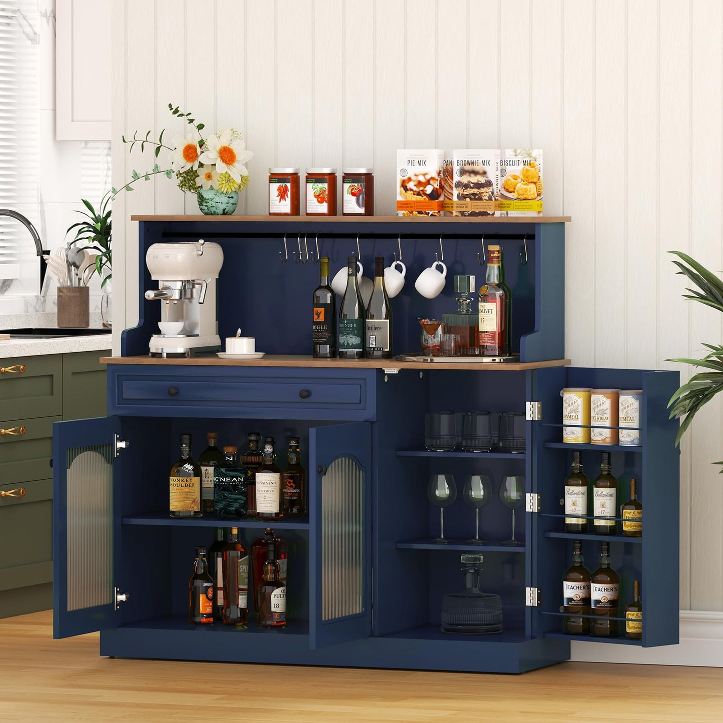 HOLTICO Küchenschrank mit Arbeitsplatte, Küchenbuffet Buffetschrank Grün, Weinschrank mit Schublade und Oberer Ablage, Kommoden & Sideboards für Wohnzimmer, Esszimmer
