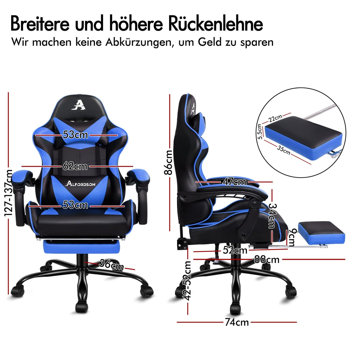 ALFORDSON Videospielstuhl, ergonomischer Bürostuhl, Massage-Rennstuhl, einziehbare Fußstütze, PU-Leder, höhenverstellbar und neigbar, 180 kg Tragkraft, Schwarz