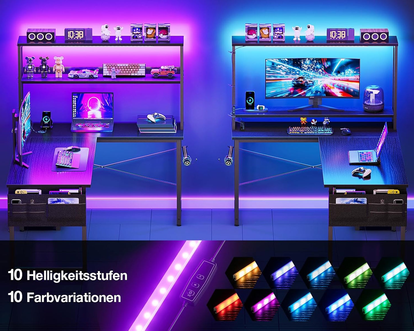 Coleshome Gaming Tisch L Form mit LED & Steckdosen, 135 × 100 cm Reversibel Gaming Schreibtisch mit Ablageregalen, Eckschreibtisch mit Aufbewahrungstasche für Homeoffice und Gaming, Schwarz