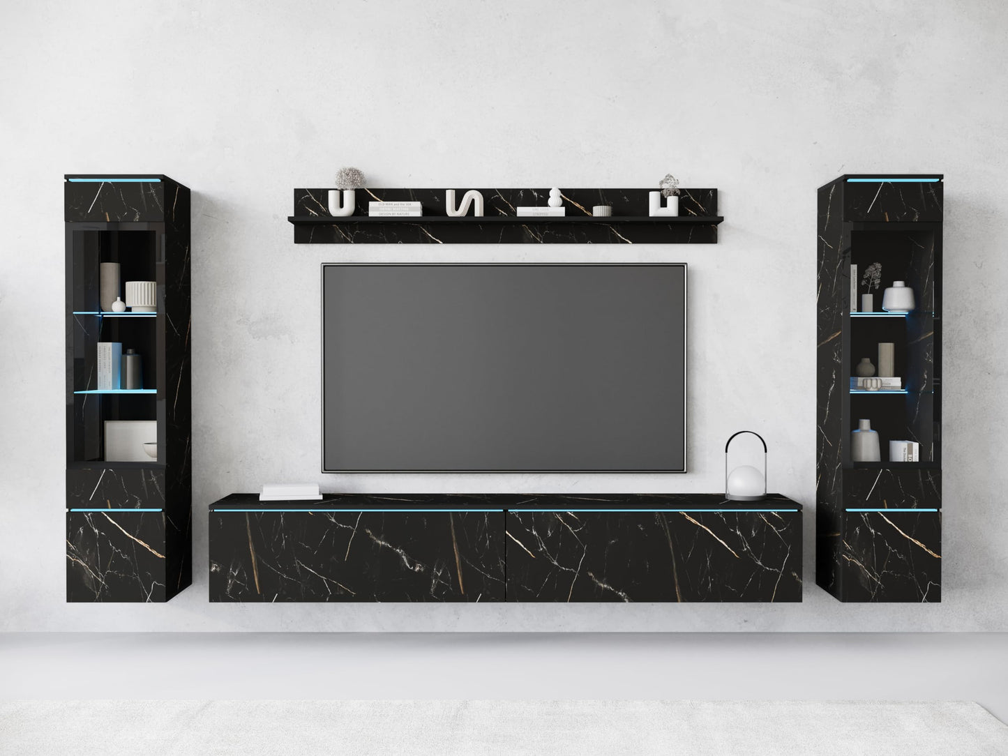 MINIO go for it Veve 2, 4-Piece Wall Unit Set, Hanging or Standing, 2 x Tall Cabinet Display Cabinets, Lowboard, Wall Board, Laminated Clamping Plate, Wotan Oak and Black Gloss, without Lighting