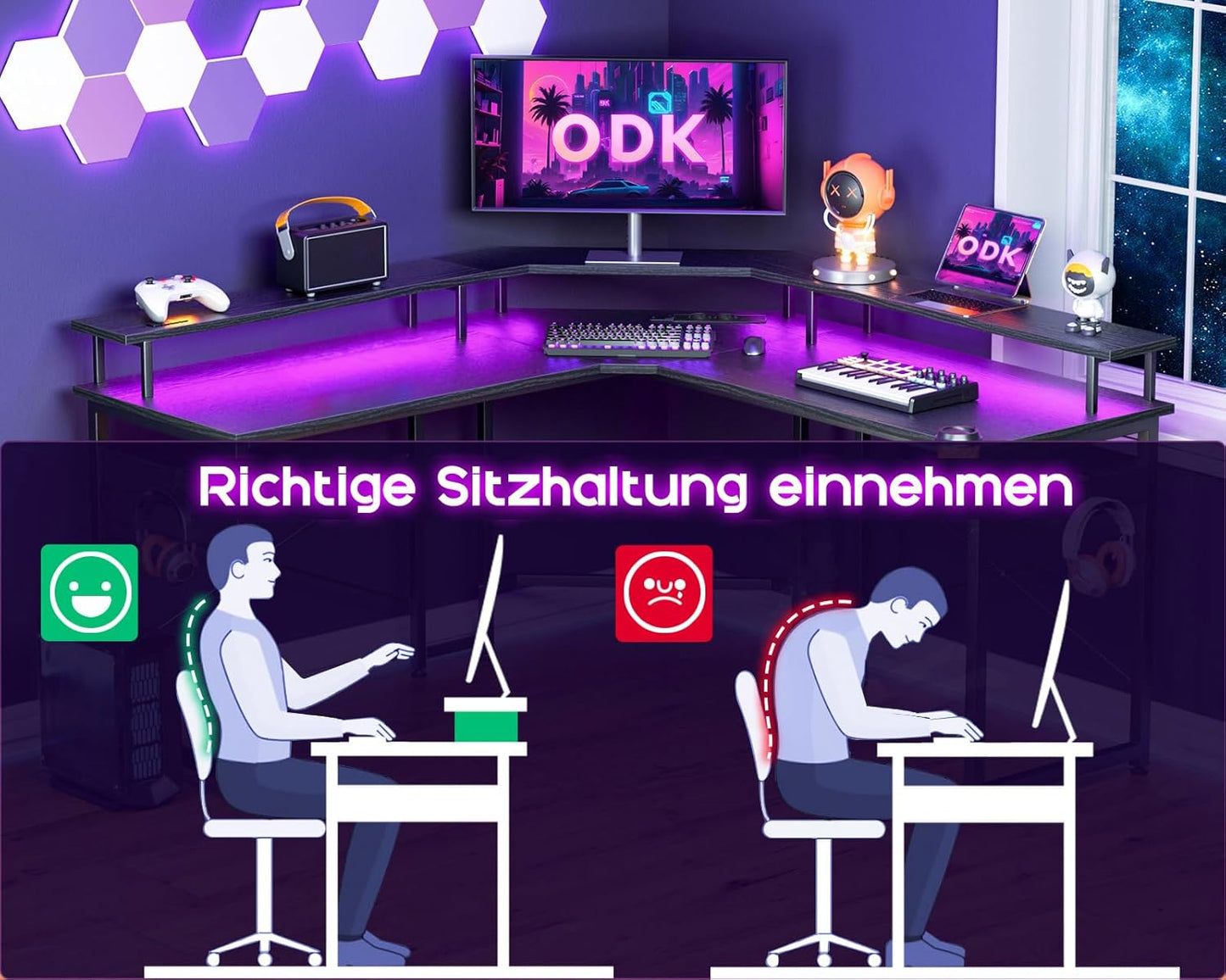 ODK Gaming Tisch mit LED, Gaming Schreibtisch mit 2 Steckdosen und 2 USB Ladeanschluss, PC Tisch Gaming mit großzügiger Monitorablage, Gamer Schreibtisch in Kohlefaser Weiß, 129x129 cm