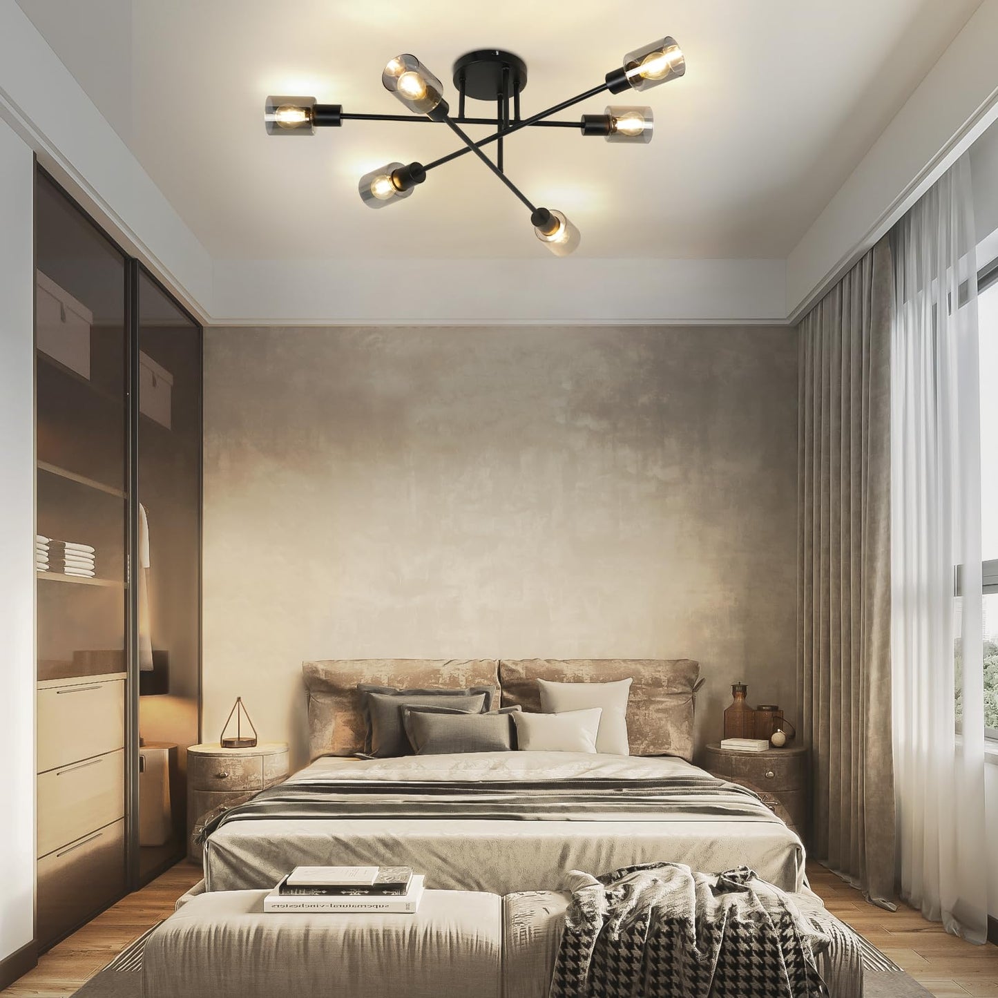Kowanie Deckenlampe Vintage 6 flammig: Industrial Wohnzimmerlampe Schwarz Deckenleuchte Wohnzimmer retro Kronleuchter aus Glas Deckenbeleuchtung inkl. 6 × E14 2700K Leuchtmittel für Küche
