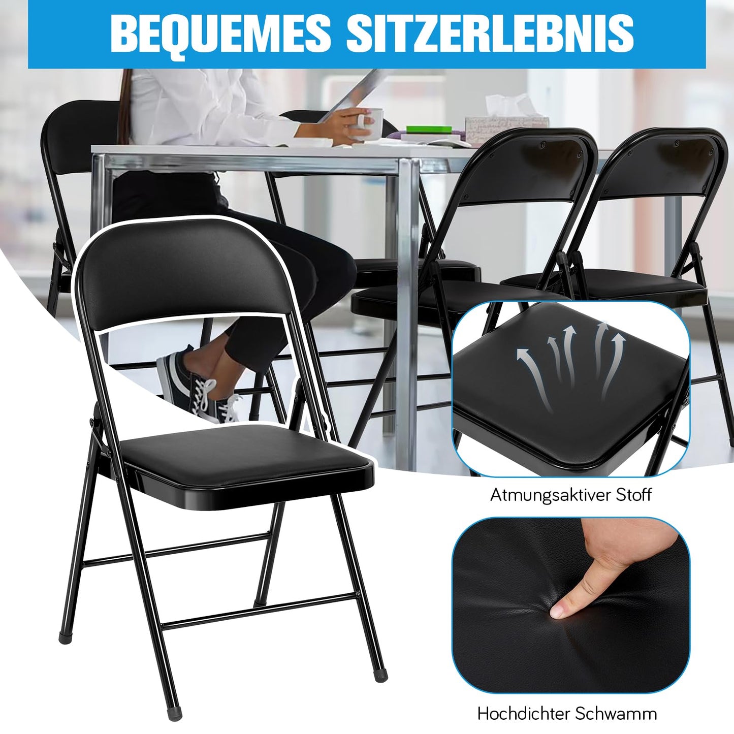 Asdsed Klappstuhl 4er Set, Klappstühle Gepolstert, Klappstuhl bis 158KG Gepolstert mit Starker Stahlrahmen, Faltbarer Klappstühle Platzsparender Schreibtischstuhl für Haus Büro Garten Balkon Party