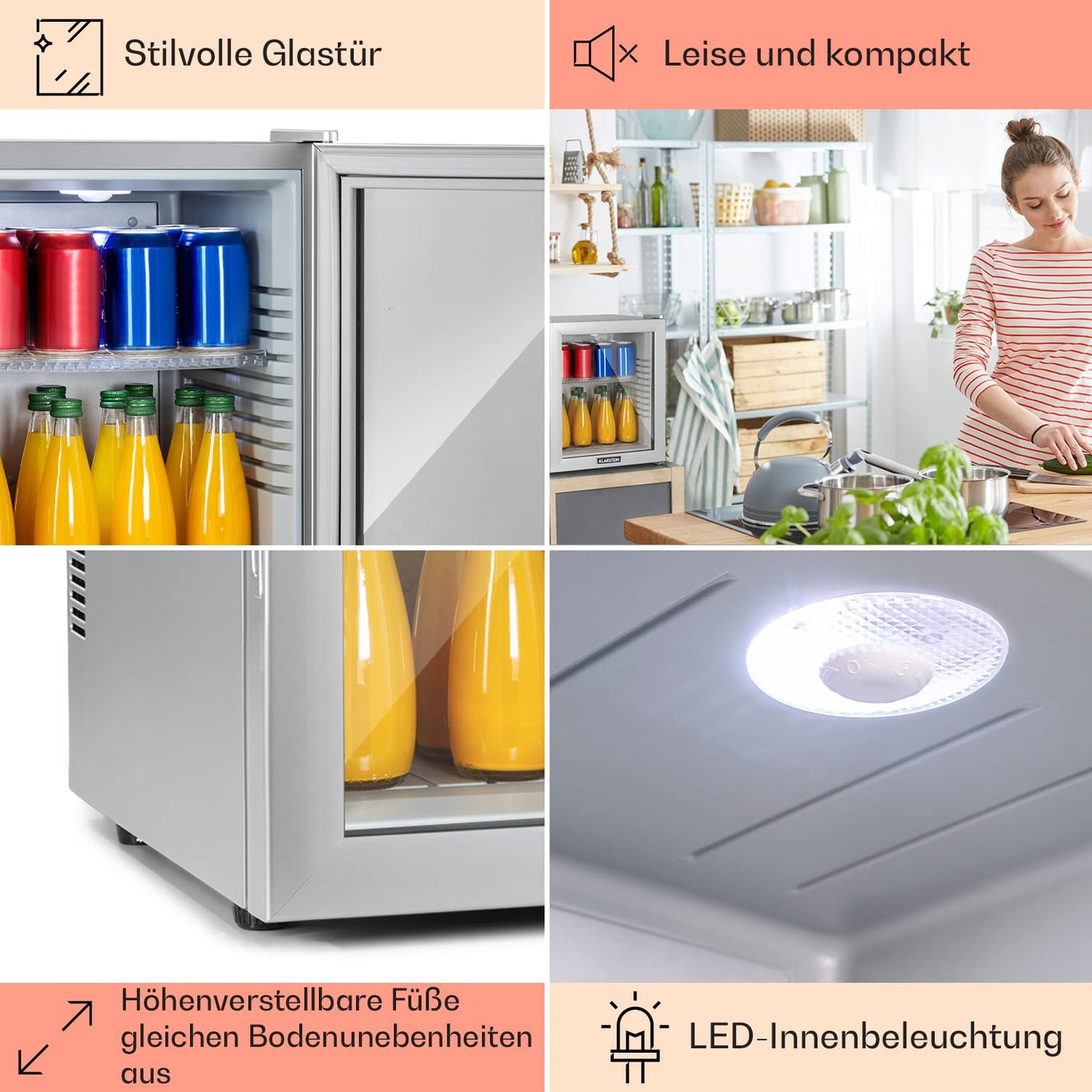 Klarstein Kühlschrank, Mini Kühlschrank mit Glastüre, Mini-Kühlschrank für Getränke, Snacks & Kosmetik, Kühlschrank Klein & Leise, Verstellbare Ablagen, Kleiner Skincare Kühlschrank 12-18°C, 23L