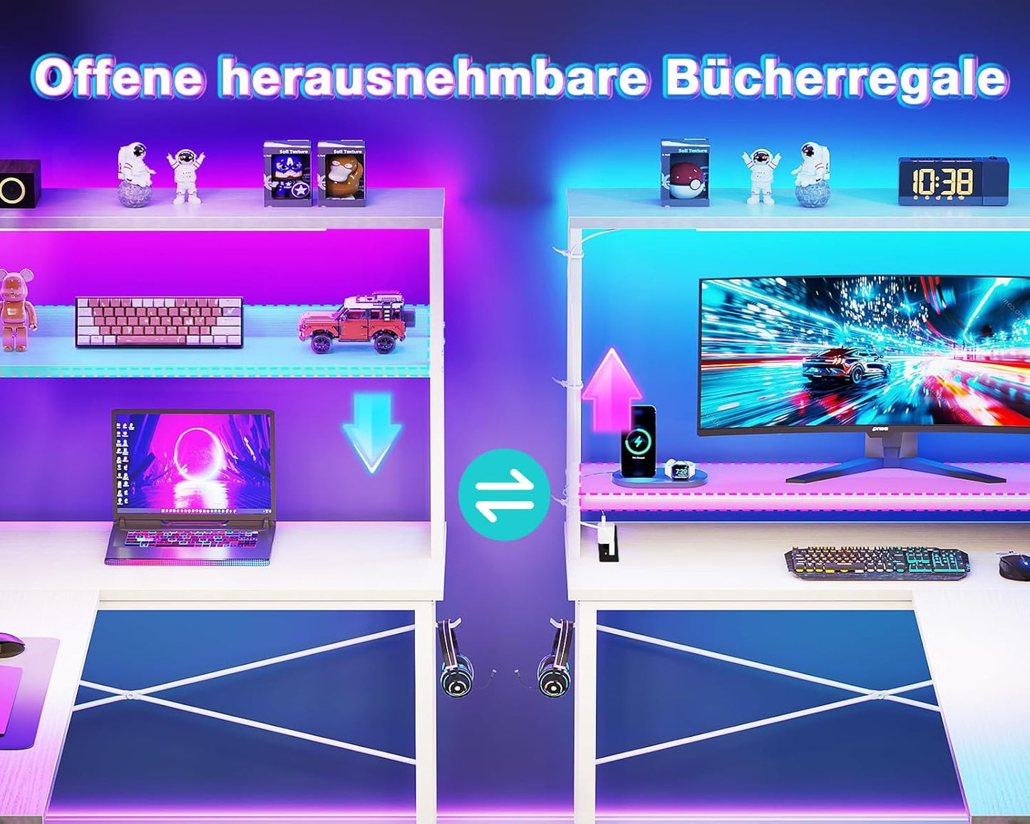Coleshome Gaming Tisch L Form mit LED & Steckdosen, 135 × 100 cm Reversibel Gaming Schreibtisch mit Ablageregalen, Eckschreibtisch mit Aufbewahrungstasche für Homeoffice und Gaming, Schwarz