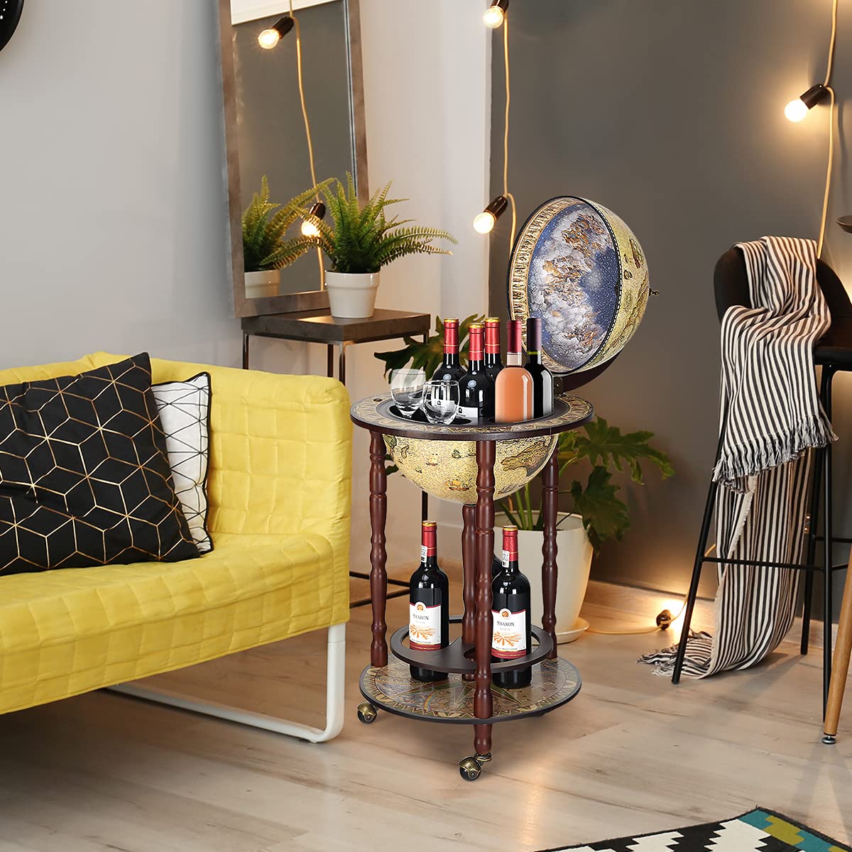 RELAX4LIFE Globe Bar on Wheels, Bar Trolley with World Globe, Bar Table Solid Wood, Serving Trolley with Wine Bottle Holder, Mobile Cocktail Bar, Antique Look, Decorative Mini Bar Serving Table