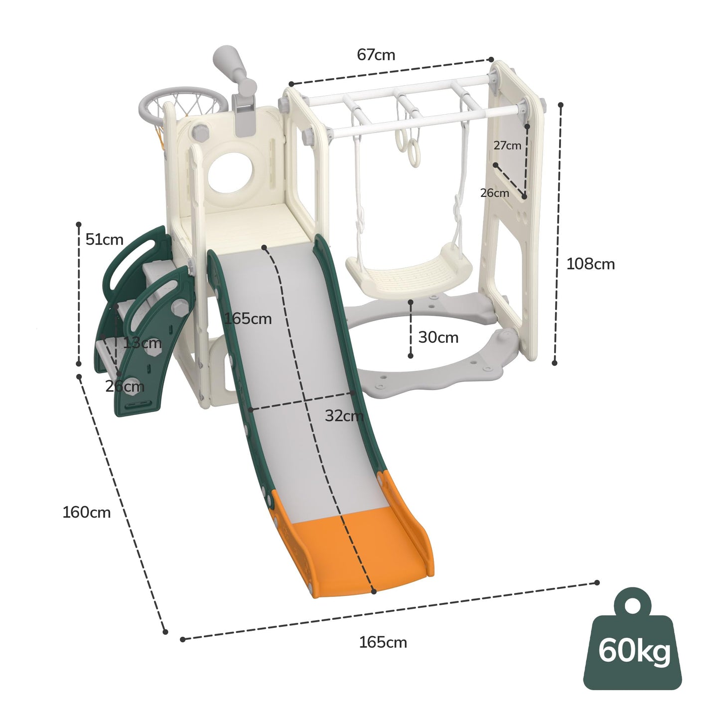 Hominewti Rutsche und Schaukel für Kinder, 8-in-1-Kinderrutsche mit Schaukel, Klettergerüst, Teleskop, Whiteboard, Basketballkorb, Freistehende Rutsche, Spielplatz für Kleinkinder, Grau