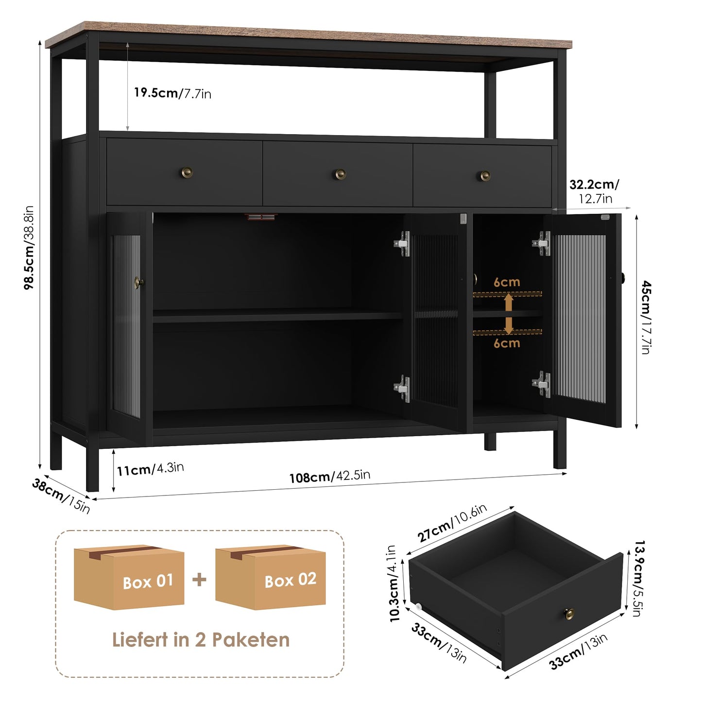 FirFurd Sideboard Küchenschrank mit Arbeitsplatte &3 Schubladen&3 Glastüren, Buffetschrank Kommode Kaffeebar Mehrzweckschrank, Sideboard für Wohnzimmer Küche Esszimmer 108 x 38 x 98,5 cm schwarz