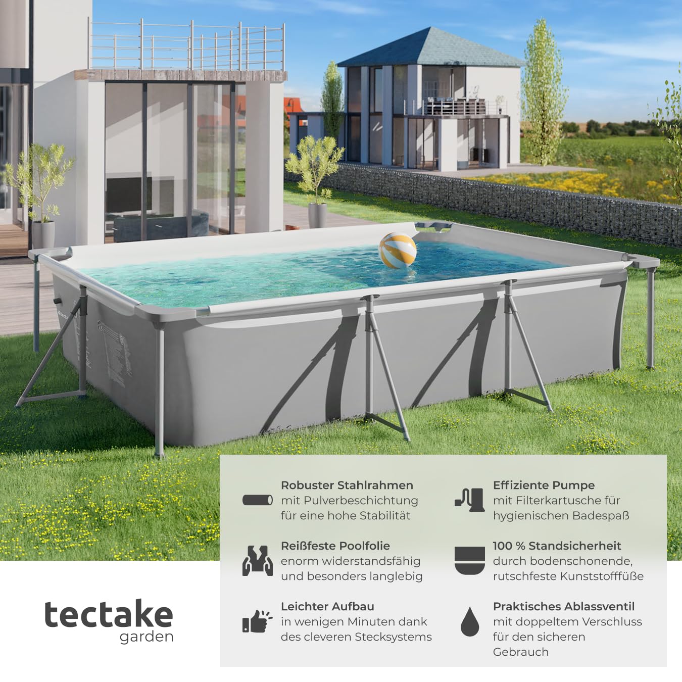 tectake® Swimming Pool, Large Swimming Pool, Rectangular, Frame Pool, Pool for Garden, Steel Frame Pool, Complete Set, Outdoor Garden Pool, Above Ground Pool, 300 x 207 x 70 cm, Grey