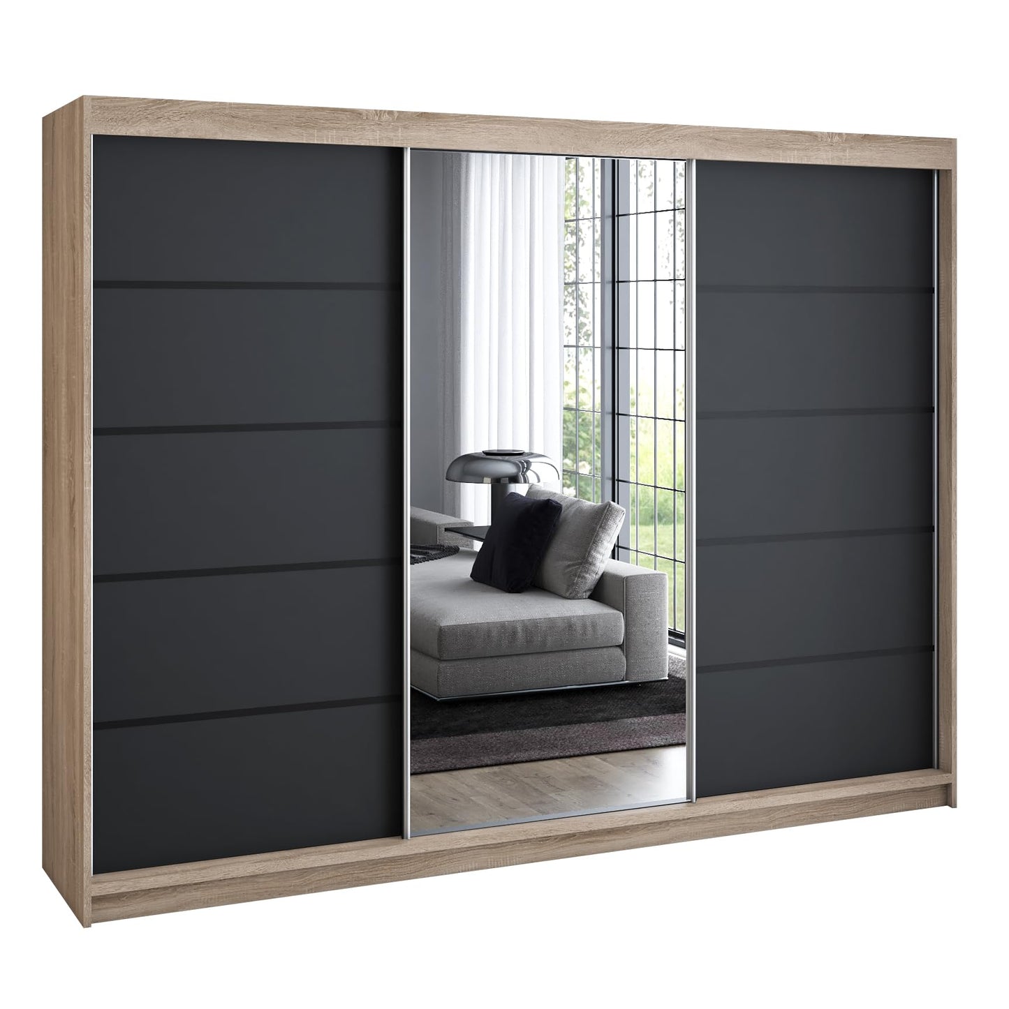 A&J MöbelLand Schwebetürenschrank VILANO 2, 3-türig Schrank 200 cm Kleiderschrank mit 4 Schubladen, und Spiegel (Weiß, Schwarz, Somona) (Schwarz/schwarz/schwarz)