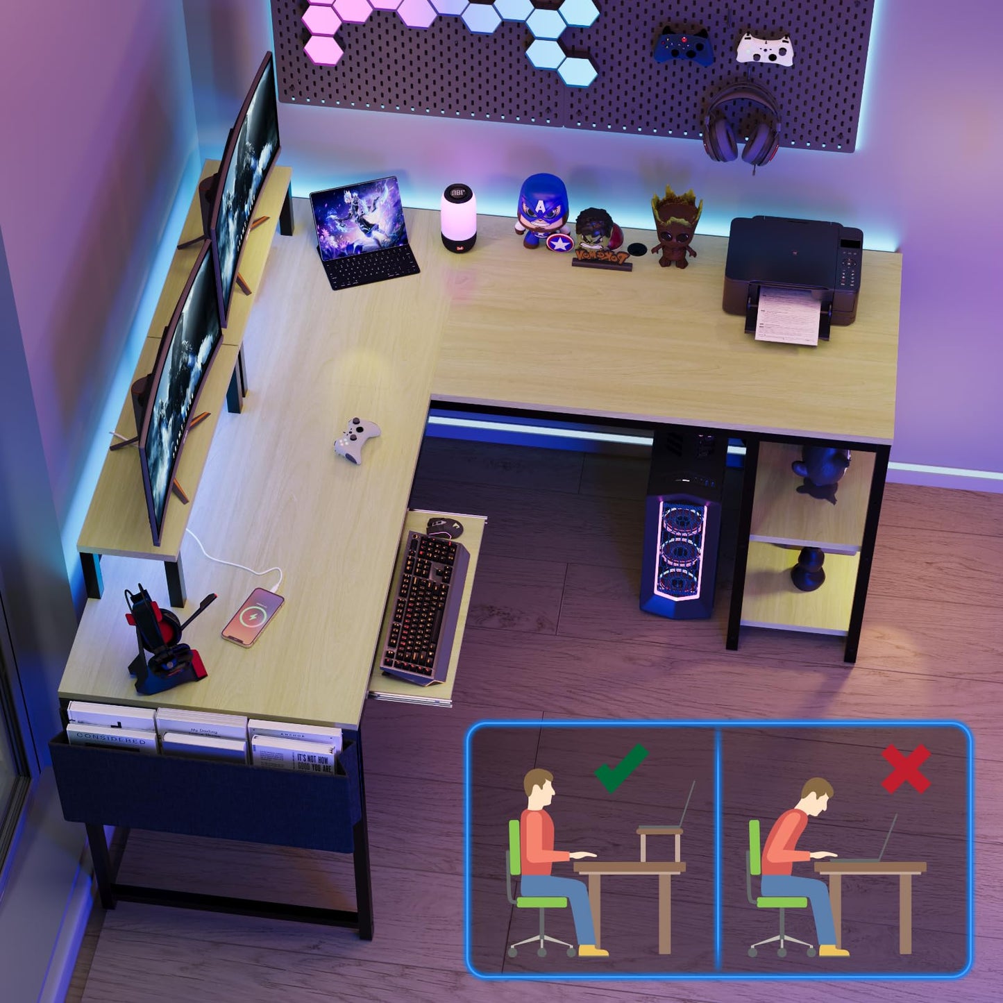Flamaker Gaming Tisch l Form 140x140 cm - Eckschreibtisch mit RGB LED, Monitorständer & Ablagefach | 2 Steckdosen + 2 USB-Anschlüsse (Weiß)