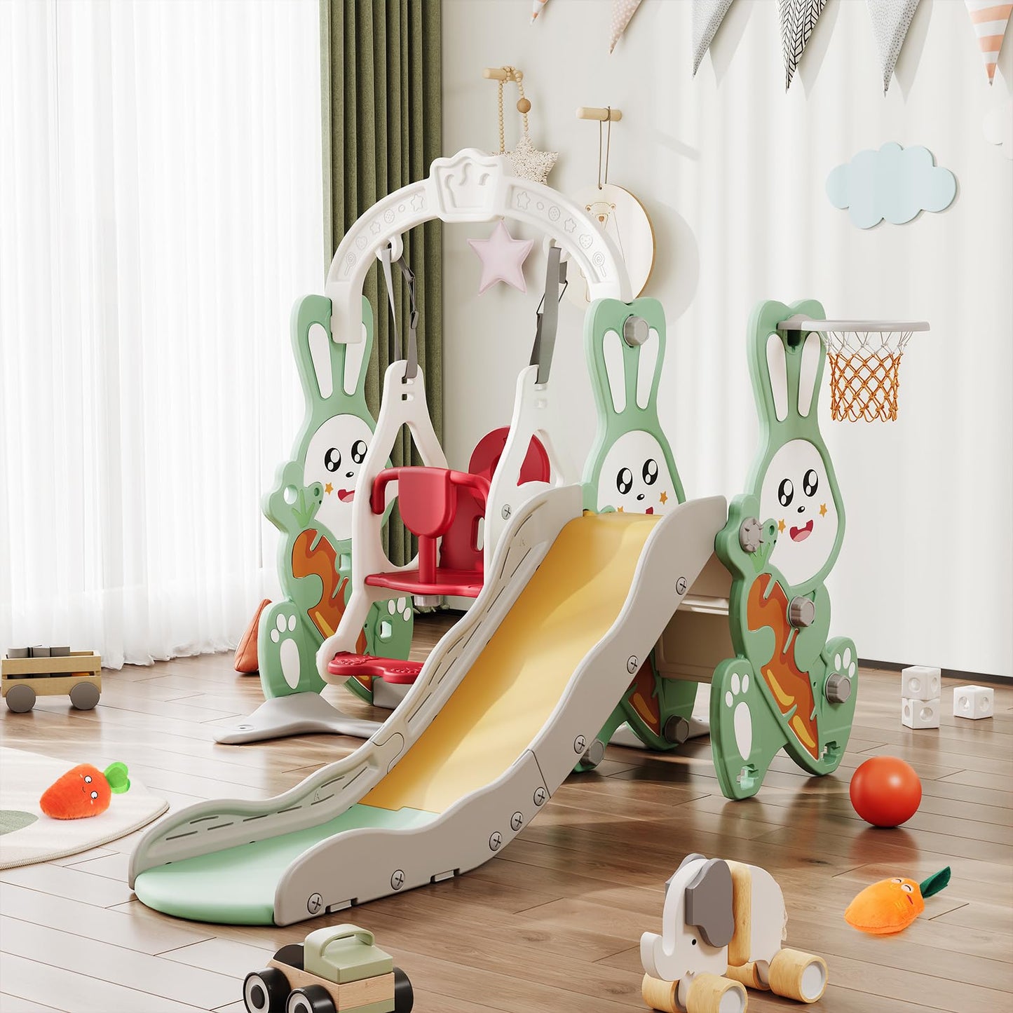 Kinderrutsche, Babyschaukel, 4 in 1, mit Schaukeln, Treppen, Gleiten, Basketballgestellen, Spielplatz für drinnen und draußen, multifunktionale Rutsche (Rosa, Kaninchen)