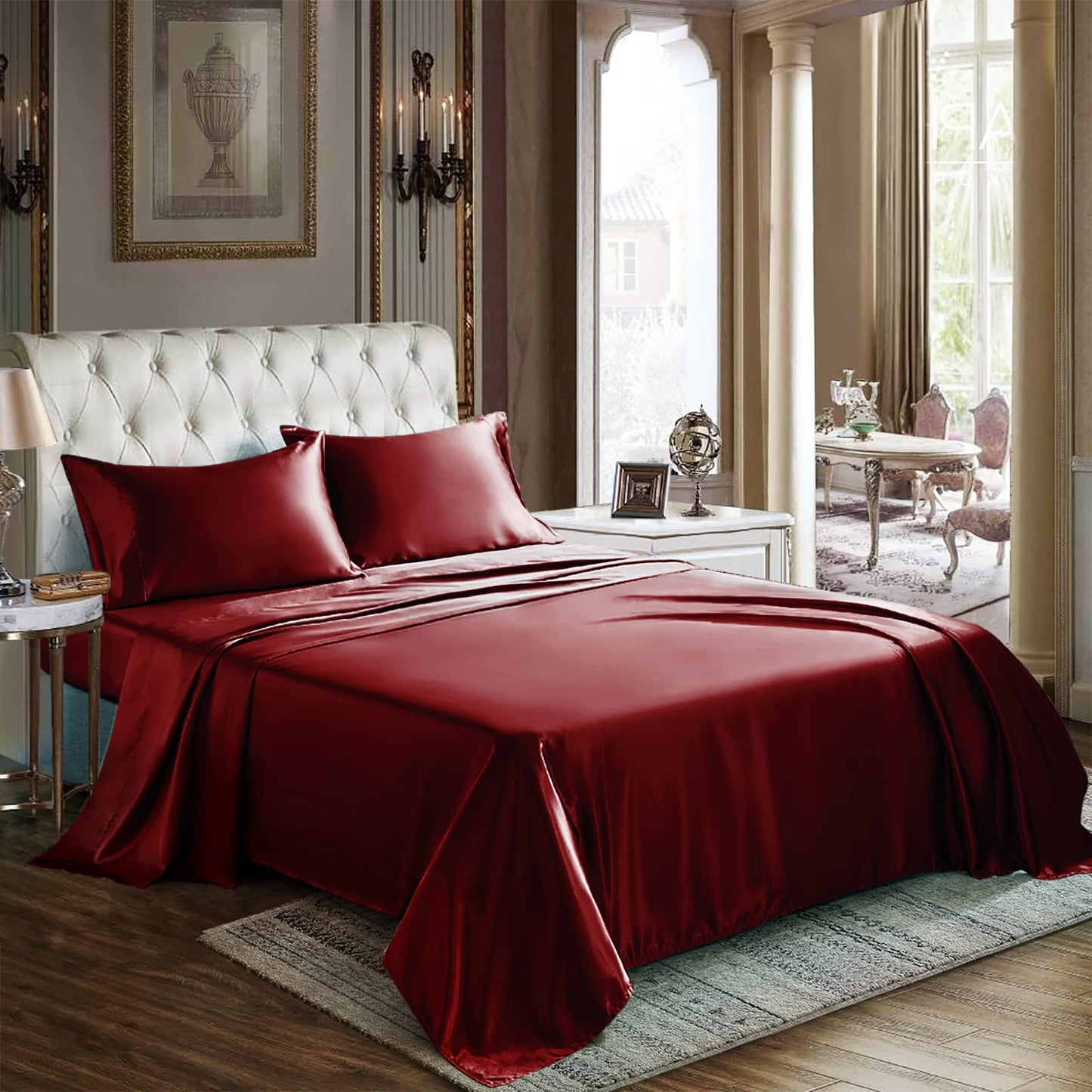 CozyLux Satin Sheets Queen Size - 4 Piece Black Bed Sheet Set with Silky Microfiber, 1 Deep Pocket Fitted Sheet, 1 Flat Sheet, and 2 Pillowcases - Smooth and Soft