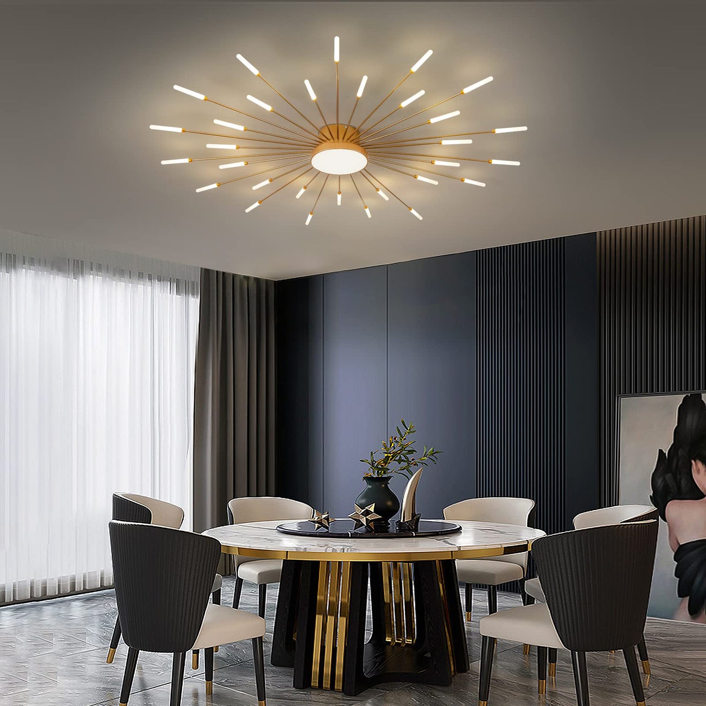 minifair Moderne LED-Deckenleuchte, 12 + 1 Köpfe, halbbündige Deckenleuchte, goldene Kronleuchter, Deckenbeleuchtung für Schlafzimmer, Wohnzimmer, Küche, Esszimmer, Restaurant