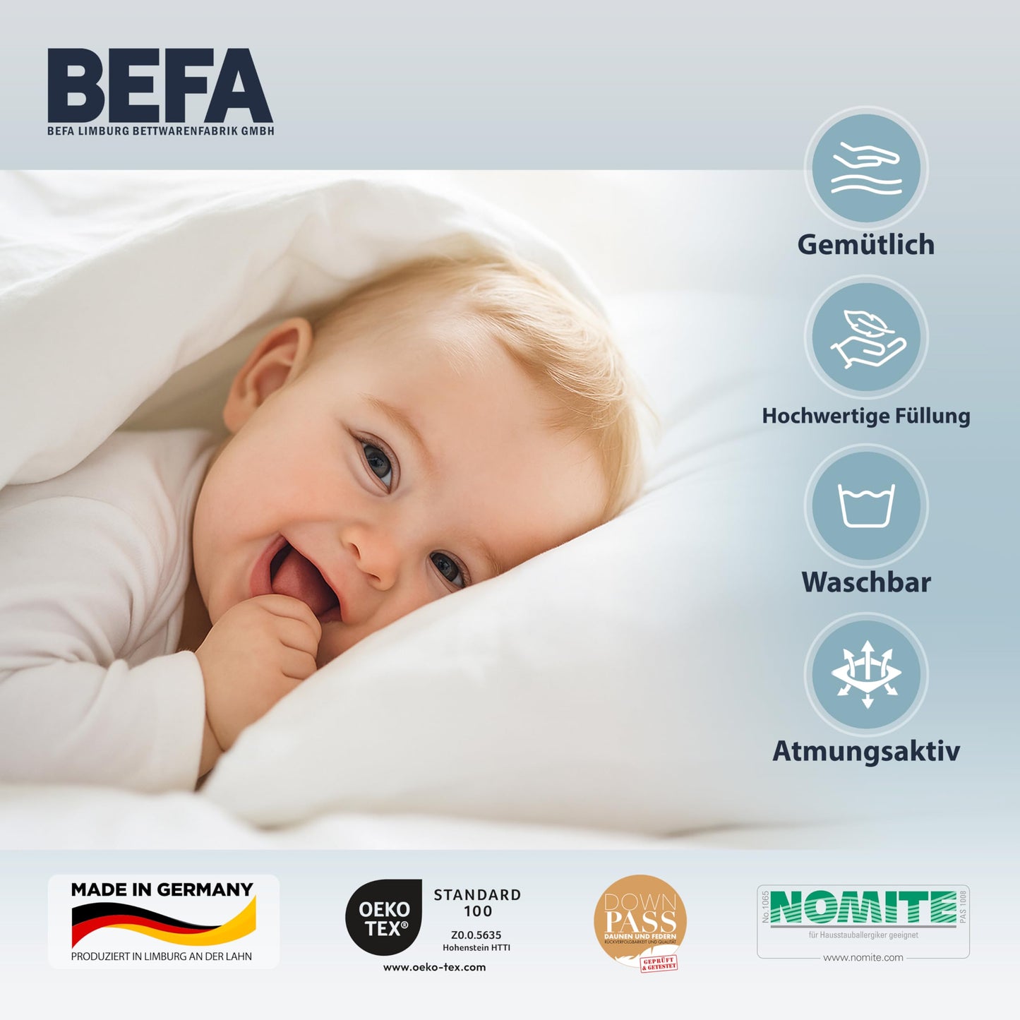 BEFA NATUR Down Duvet, Made in Germany, 135 x 200 cm, 90% Down and 10% Feathers, Summer Duvet, Suitable for Allergy Sufferers (Nomite), Oeko-Tex 100 Class 1 Certified, EN Standard 12934, Downpass