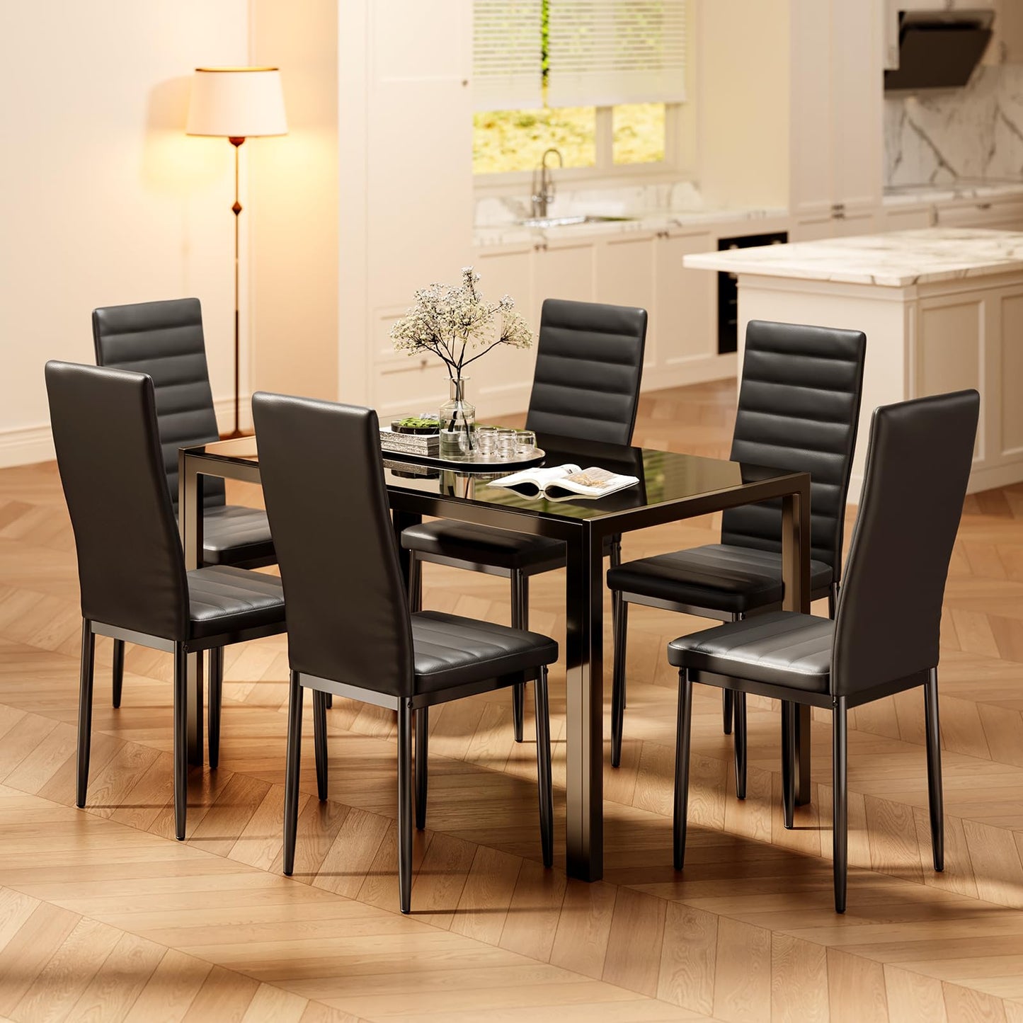 Bealife Dining Table with 4 Chairs Set, Dining Table and Chairs for 4 People, Dining Room 6 Chairs and Table, Set with Dining Table and Chairs for Kitchen, Dining Room and Living Room (Black, 4