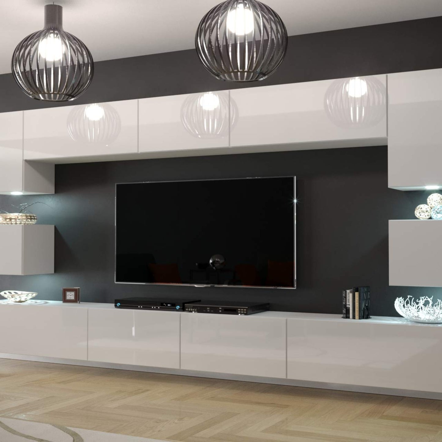 Furnitech Wohnwand Wohnzimmer Möbel (Schwarz) mit LED RGB - 16 Farben - Hängend Wohnzimmerwand Modern - Schrankwand mit Regale und TV Schrank (Nowara AN1-17B-HG20 1C)