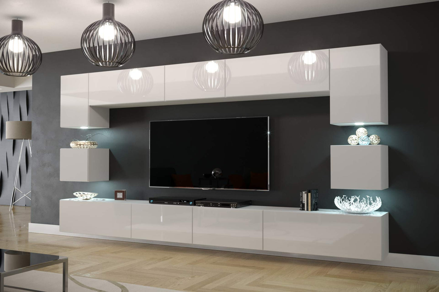Furnitech Wohnwand Wohnzimmer Möbel (Schwarz) mit LED RGB - 16 Farben - Hängend Wohnzimmerwand Modern - Schrankwand mit Regale und TV Schrank (Nowara AN1-17B-HG20 1C)