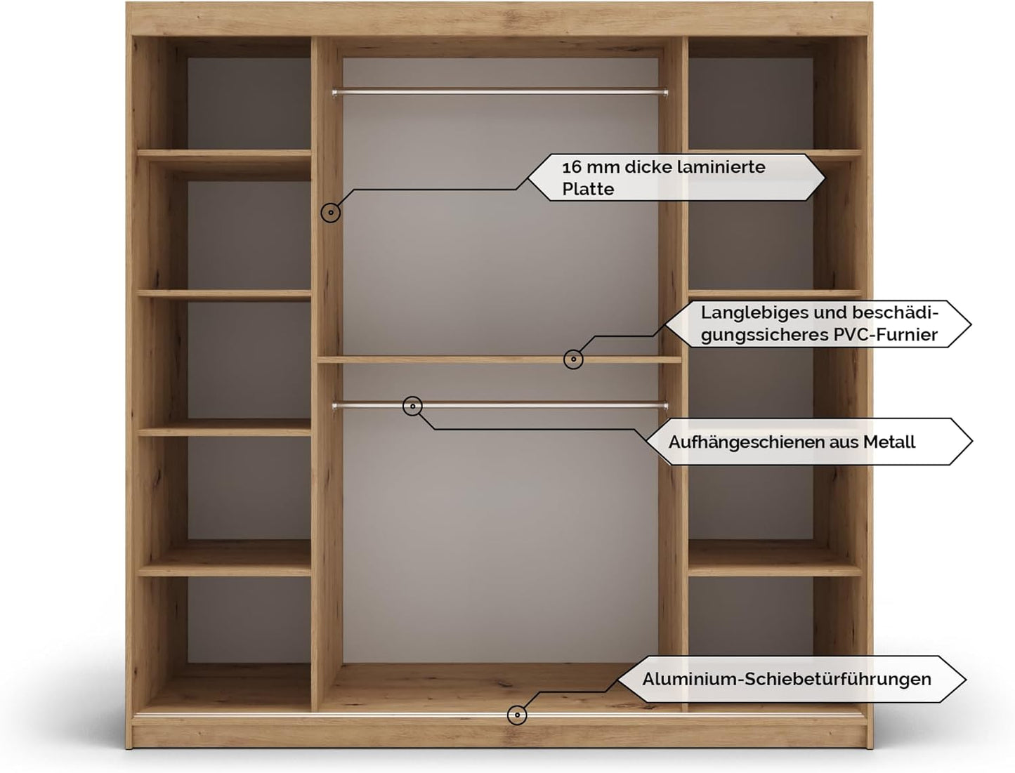 Kryspol Schwebetürenschrank York 250 cm Kleiderschrank mit Kleiderstange und Einlegeboden Schlafzimmer- Wohnzimmerschrank Schiebetüren Modern Design (Weiß)