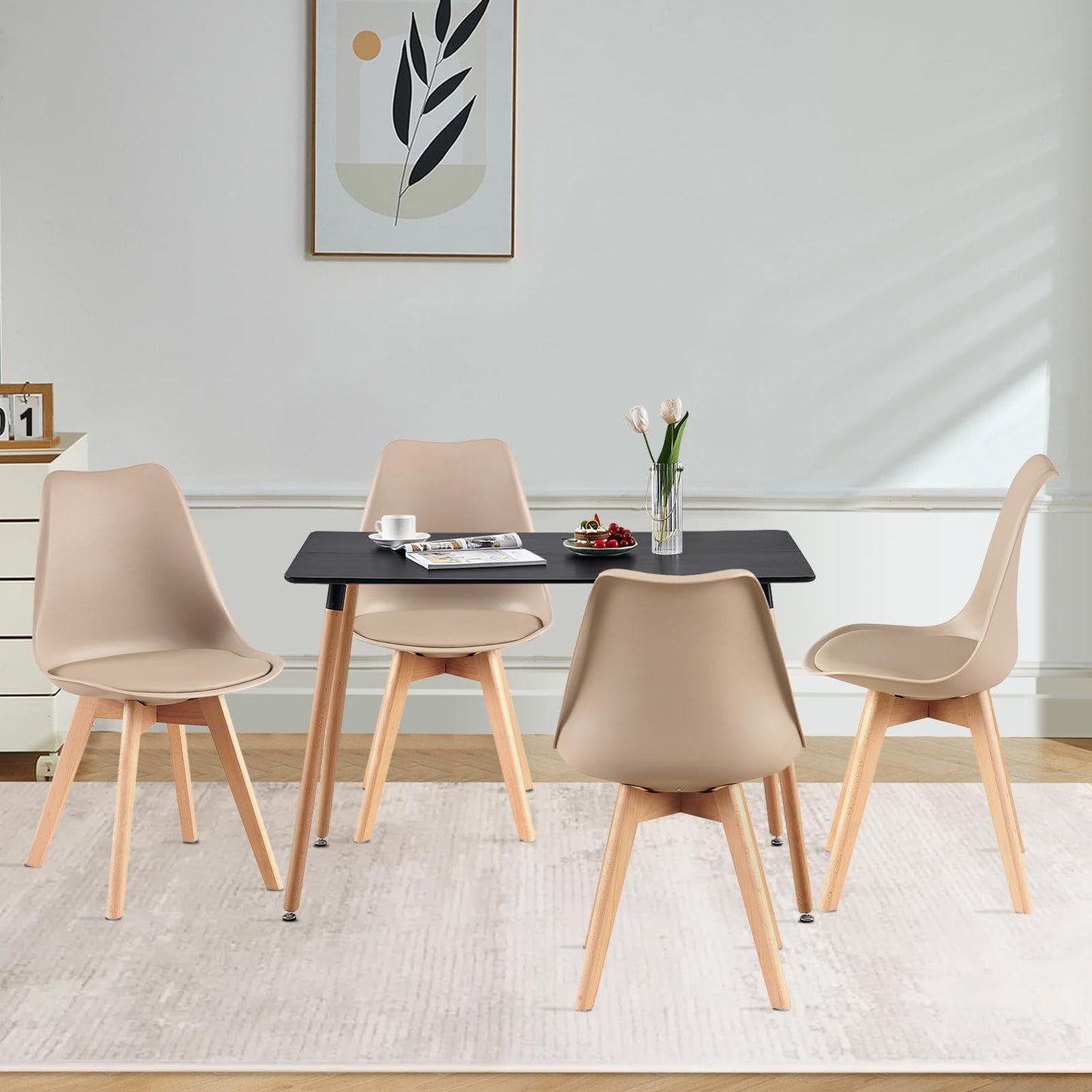 H.J WeDoo Esszimmergruppe mit 4 Essstühlen, Rechteckig Esstisch und Stühle für Esszimmer, Küche, Wohnzimmer, Weißer Esstisch und Graue Stühle