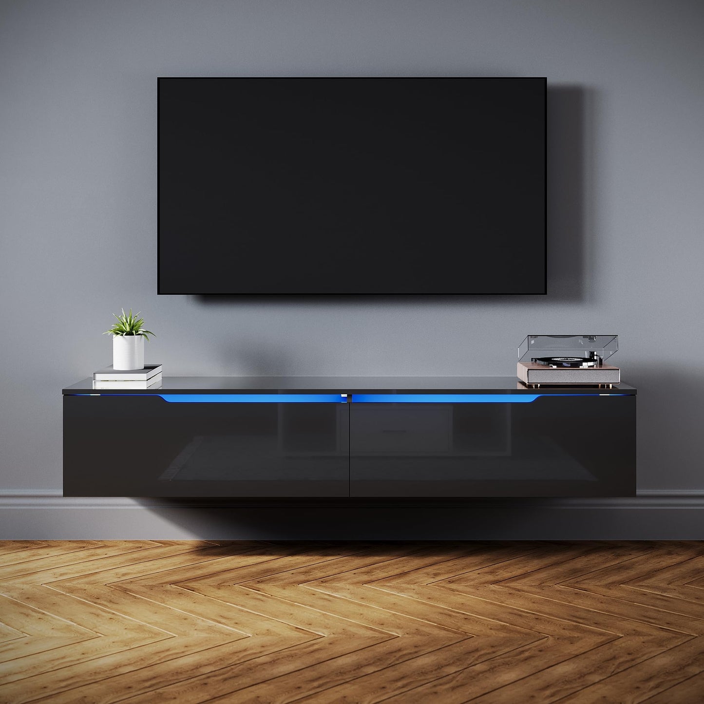 SONNI Modern TV Cabinet 180 cm, Lowboard High Gloss White with 16 Colours LED Lighting, Drawer, Open Glass Shelves, TV Stand for TVs up to 65 Inches, Living Room & Bedroom, 180 x 35 x 45 cm
