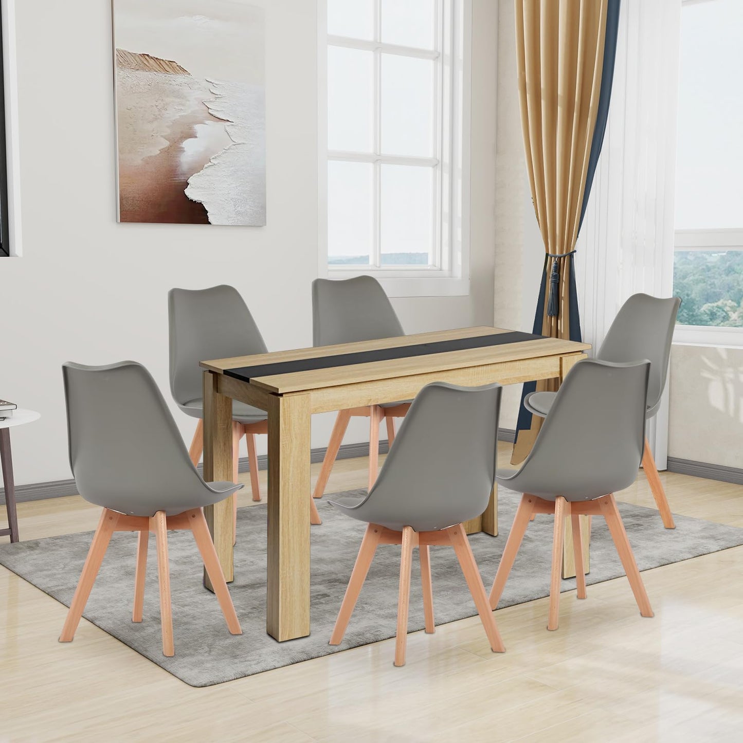 FURNITABLE Dining Table with 6 Chairs, Dining Room Group, Set of 6 Dining Room Chairs and 140 cm Rectangular Wooden Table Dining Set for Living Room, Kitchen, Office (Oak-Black Table + 6 Black Chairs)