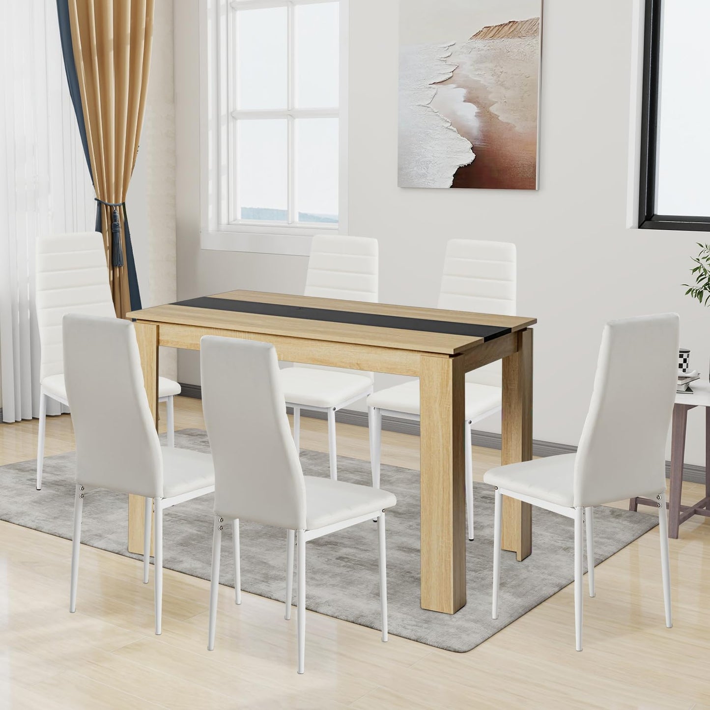 FURNITABLE Esstisch mit 6 Stühlen Esszimmergruppe, Essgruppe mit Hochlehner Kunstleder Stuhl für 6 Personen, Sitzgruppe für Küche Wohnzimmer(160cm Eiche-Weiß Tischbein Tisch+6 Schwarz Stühle)