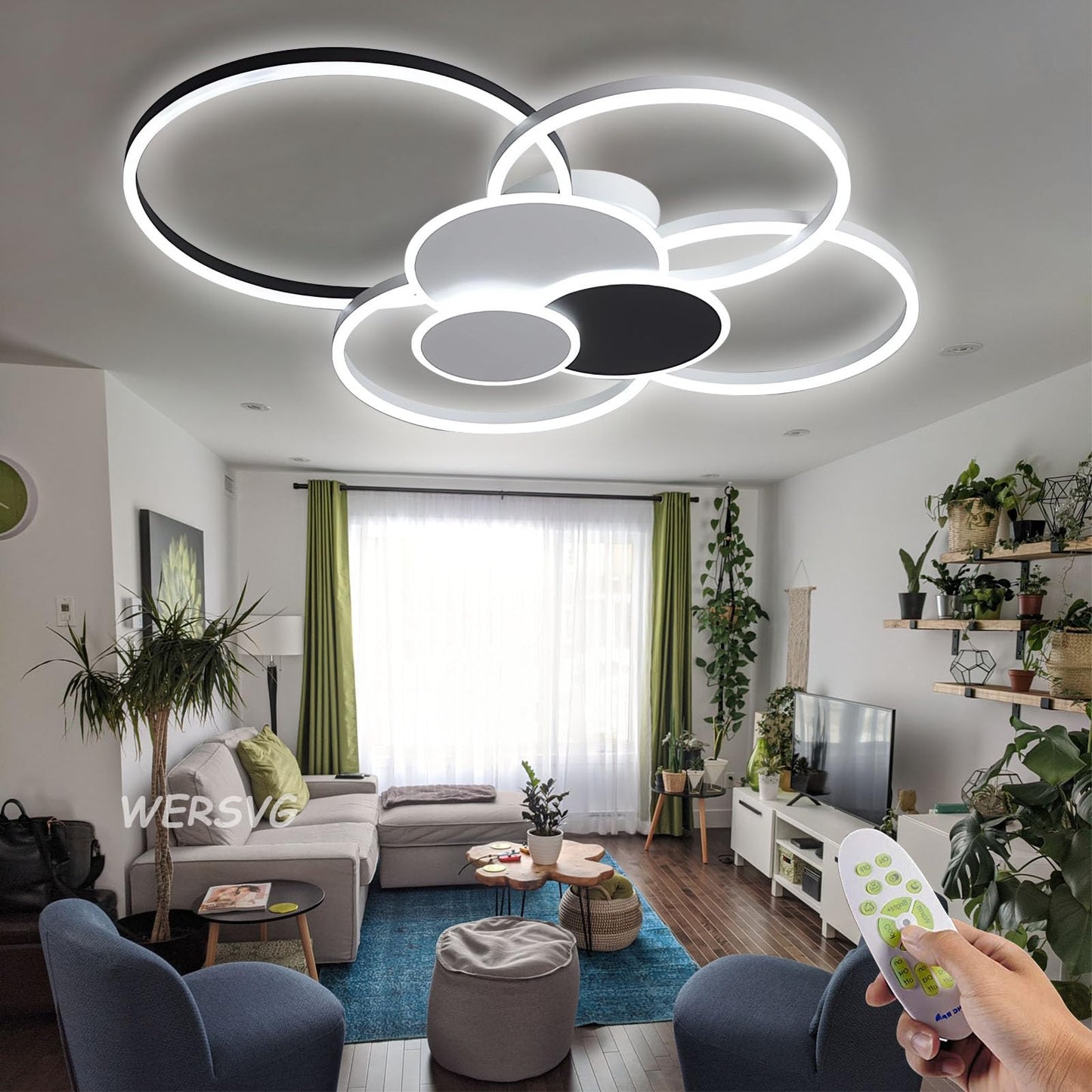 WERSVG L80cm Modern LED Deckenleuchte Wohnzimmer Deckenlampe gold 6-Ring Deckenleuchte 70W 5600LM Dimmbar 3500K - 6500KMit Fernbedienung flurlampe decke, für Wohnzimmer Schlafzimmer Küche Esszimmer