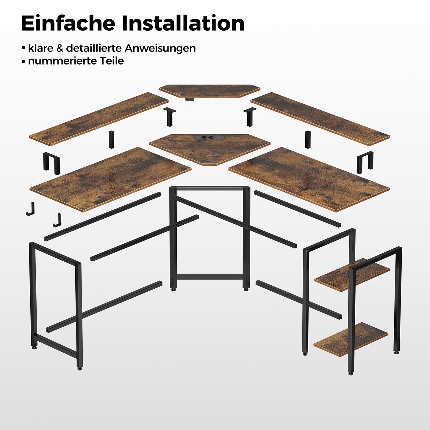 Rolanstar Schreibtisch L Form mit LED & Steckdosen, 117 cm Computertisch mit Monitorständer & Ablagefläche, Reversibler Eckschreibtisch mit 2 Haken, perfekt für Arbeitszimmer Schlafzimmer Büro
