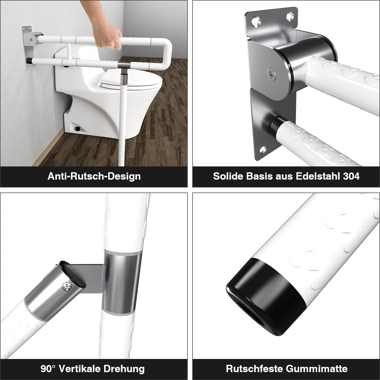Tubiaz Wall-Mounted Support Handle, Folding Handrail for Shower, Toilet Support Aid, Standing Aid, Safety Handrail, Non-Slip Handrail for Seniors, Disabled Pregnant Women, up to 200 kg, White