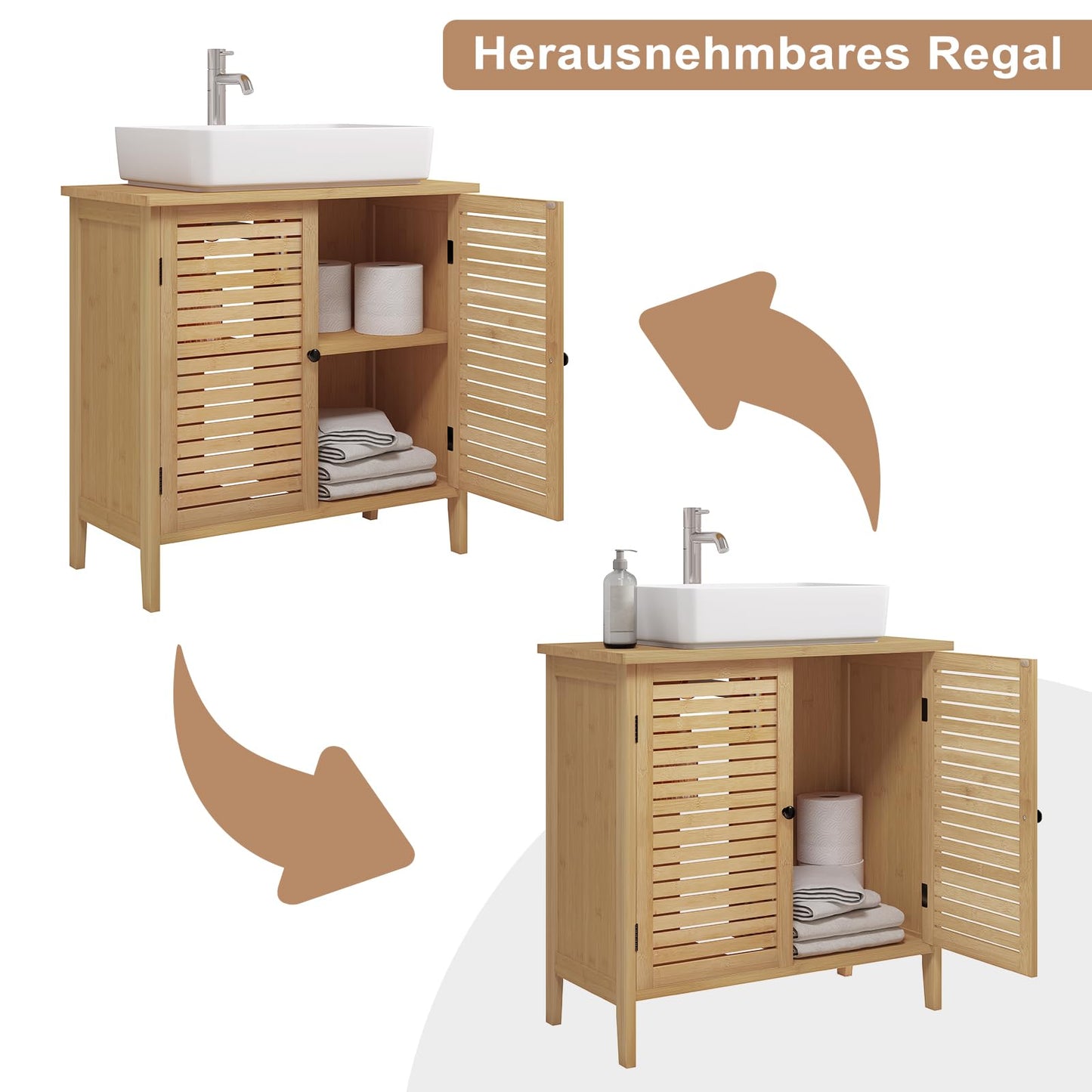 EUGAD Under Basin Vanity Unit Bathroom Cupboard with 2 Doors 60 x 30 x 60 cm, Bamboo