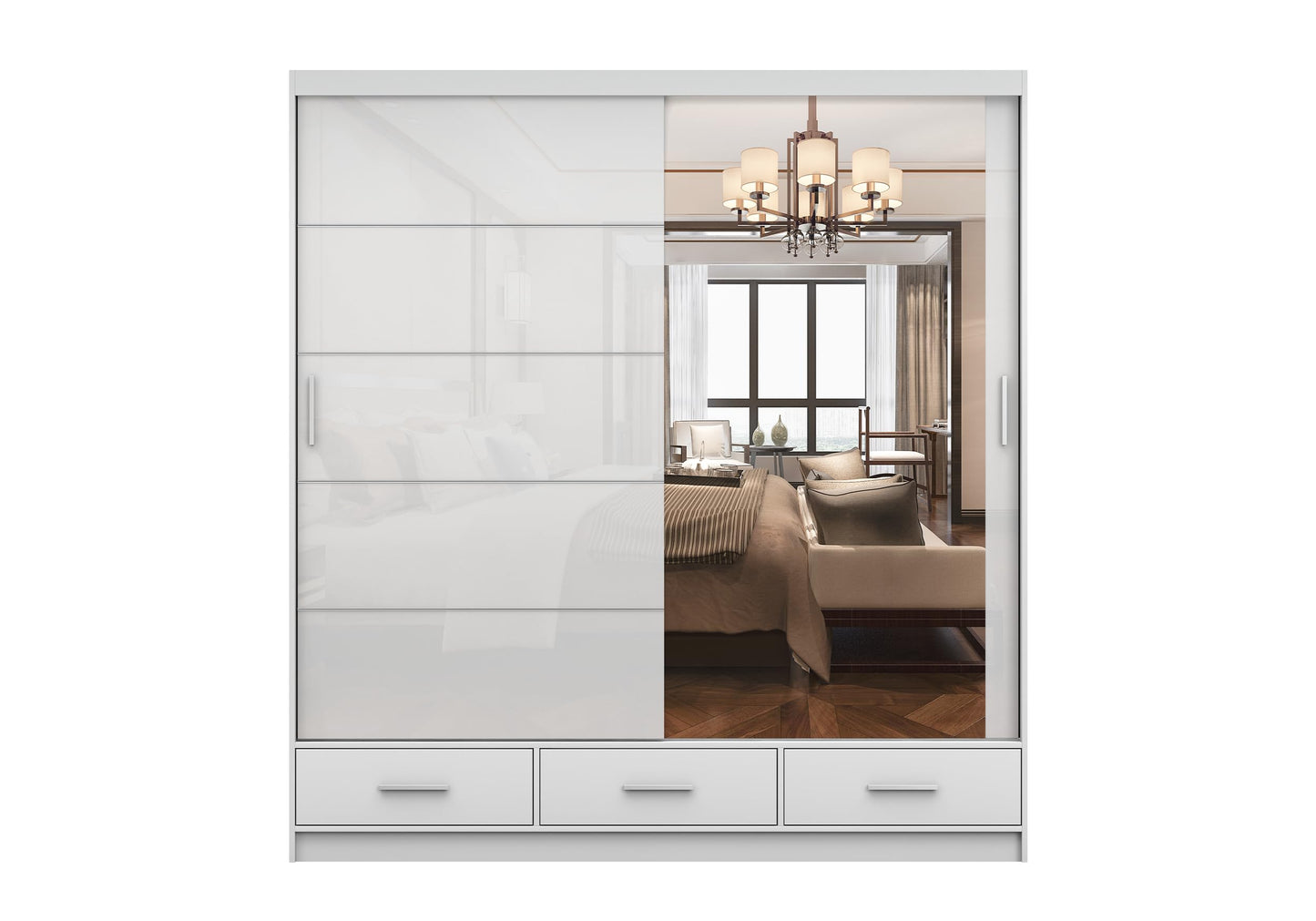 Fabryka Mebli Idźczak Kleiderschrank mit Spiegel weiß - Schwebetürenschrank - Schlafzimmerschrank - 61 x 250 x 218 cm - Wohnzimmerschrank - Garderobenschrank, Schrank mit 2 Türen, 4 Schubladen