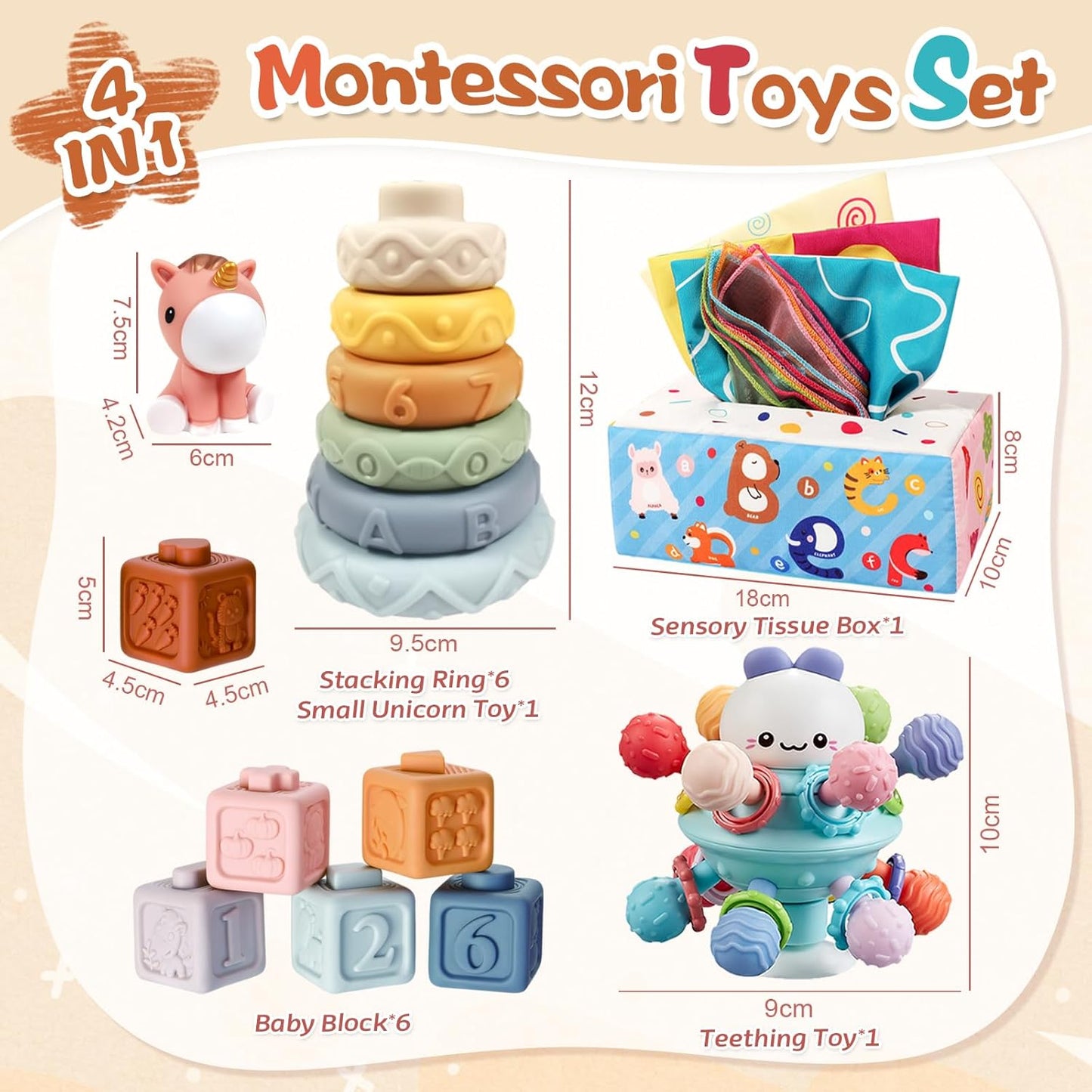Almaxi Baby Toy 6 Months - 3 Years, 4-in-1 Montessori Toy, Stacking Tower, Silicone Building Blocks, Sensory, Tissue Box, Birthday Gift for Baby 6 9 12 Months 1 2 3 Years