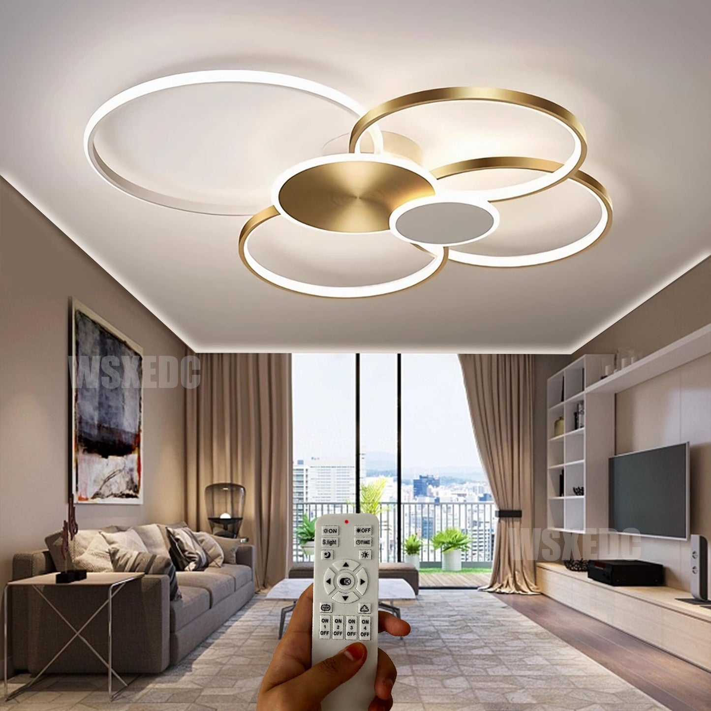 Dimmbare LED 6 Ring Wohnzimmerleuchte LED-Deckenleuchte moderne kreative Deckenbeleuchtung Innenbeleuchtung für die Augenpflege Für Schlafzimmer Büro Esszimmer Jugendzimmer (Weiß, L80cm 71W)