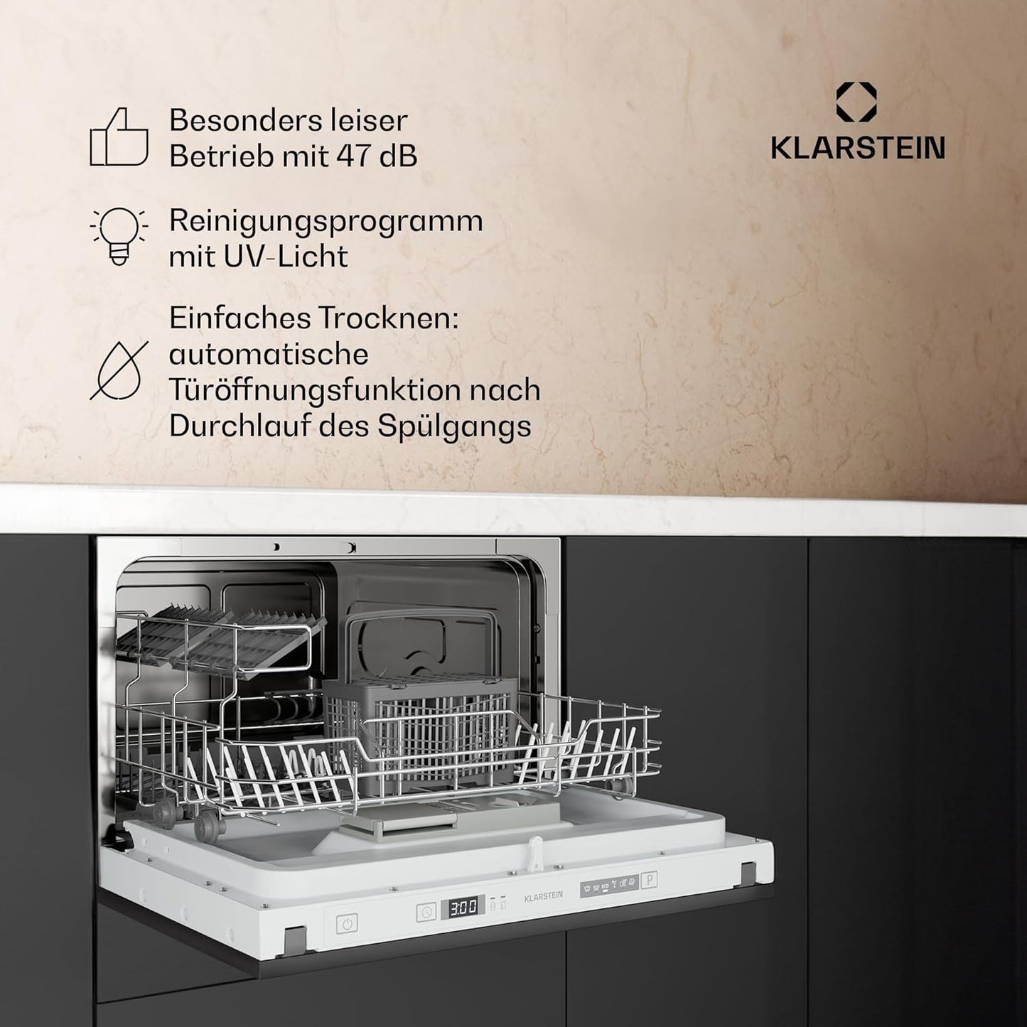Klarstein Built-in Dishwasher - Compact 45 cm Model, 6 Place Settings, UV Hygiene, AquaStop, Energy Efficiency Class D, Quiet 49 dB, Intuitive Operation
